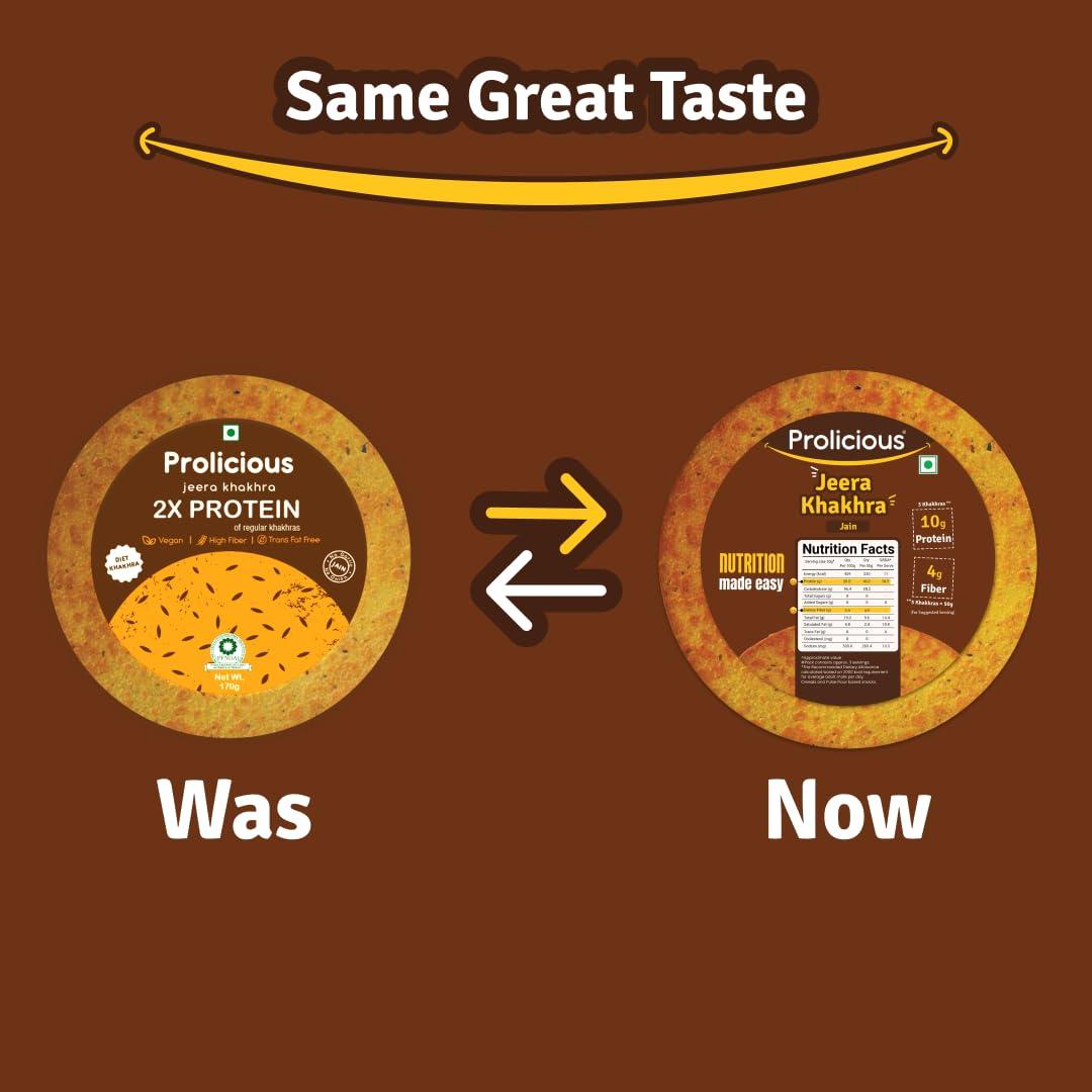 Prolicious Prolicious 2X Protein Jeera Khakra | NO Palm Oil | Crispy | Ready to Eat | Flavourful | High Protein Healthy Anytime Snack (Pack of 4, 170 Grams each)