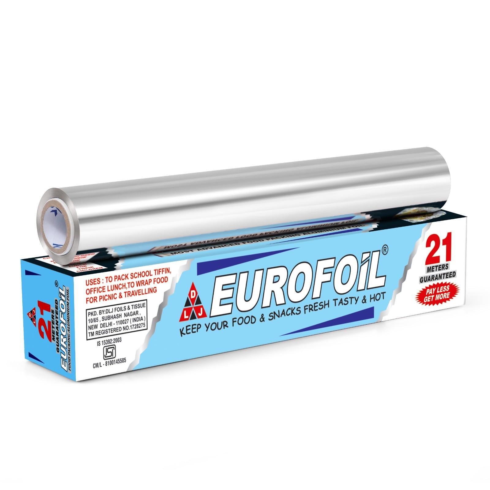 Eurofoil Eurofoil Food Wrap Aluminium Foil 21 Metre | Food Grade Strong & Durable Foil | for Packing, Wrapping, Cooking, Baking & Grilling | Non-Stick Multipurpose Parchment Paper | Keeps Food Fresh