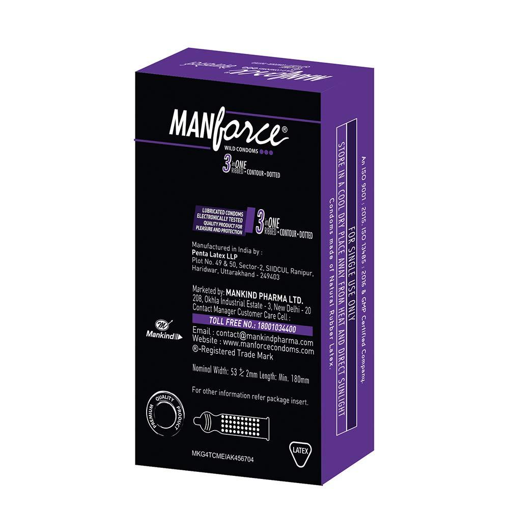 Manforce Manforce 3 in 1 Wild Condoms (Ribbed, Contour, Dotted), Black Grapes Flavoured- 10 Pieces (Pack of 5)