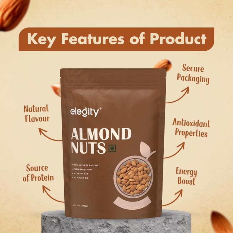 ELEGITY Elegity 100% Natural Plain California Almonds Pouch 250 gm | Nutritious & Delicious Badam | High in Fiber & Boost Immunity | Rich in Protein, Tasty Nuts | No Preservatives Added in Dry Fruit