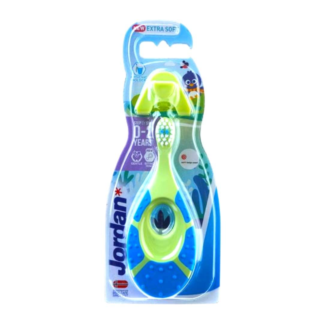 Jordan Jordan Toothbrushes Step 1 - Baby Toothbrush 0-2 Years Toothbrush with Stand Holder (Blue + Green)