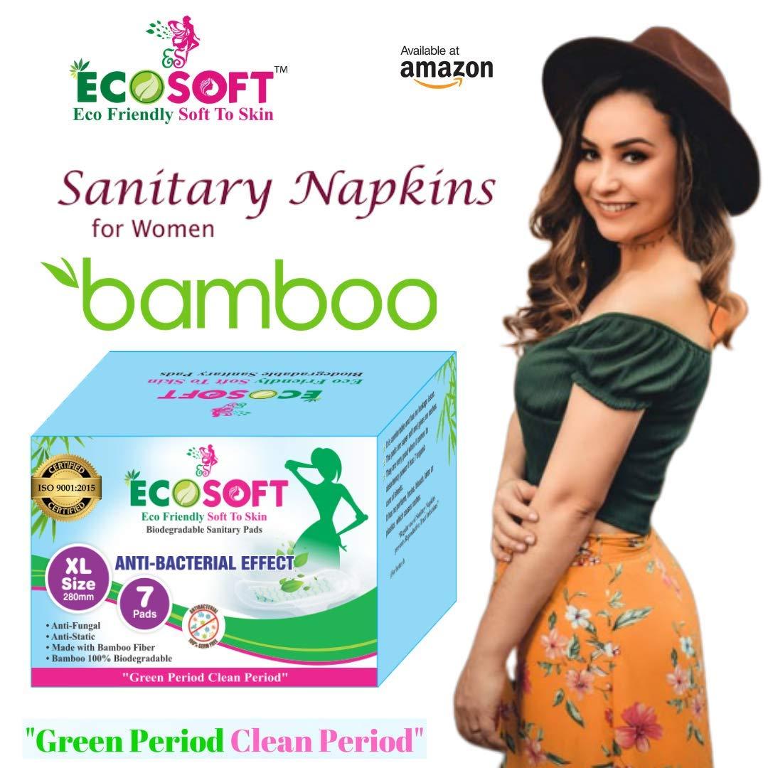 ECOSOFT ECOSOFT Premium Sanitary Pads Bamboo Fiber 100% Biodegradable Iso 9001-2015 And Iso 14001-2015 Certified Xl Size-280 Mm. Pack of 4 Box (28 Pads).