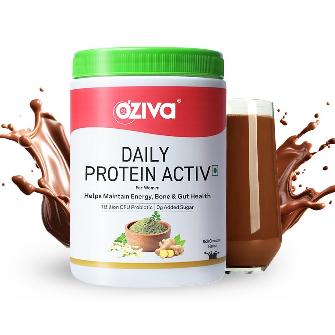 OZiva OZiva Daily Protein Activ for Women | Best Protein Powder for Women with 120g Protein, Probiotics, Shatavari for Increased Energy Levels, Bone Health and Hormonal Balance 300g (Chocolate, Pack 1)
