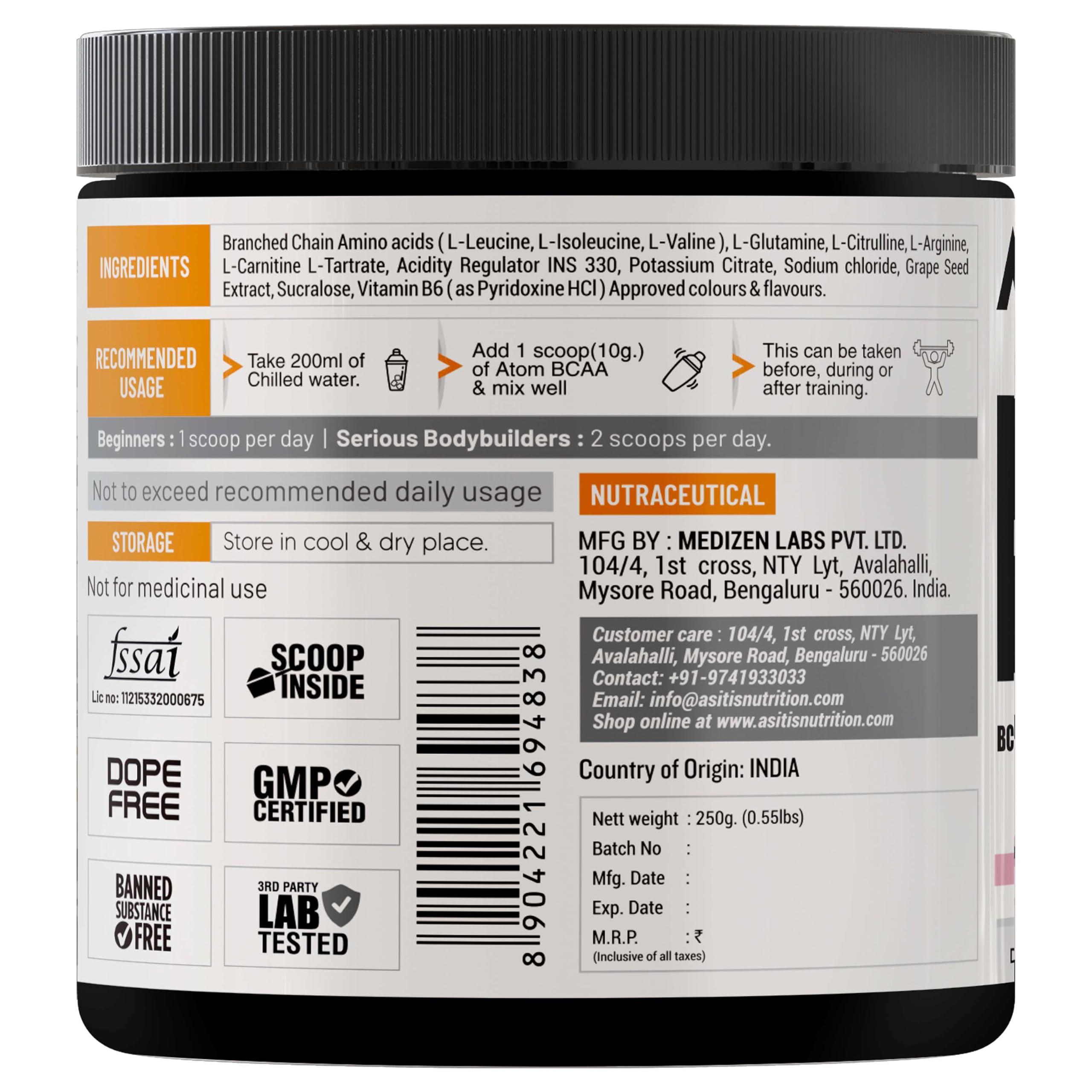 Asitis Nutrition AS-IT-IS ATOM BCAA 250g with L-arginine, L-Carnitine, L-Citrulline for Energy Burst & Athletic Performance, Classic Rose
