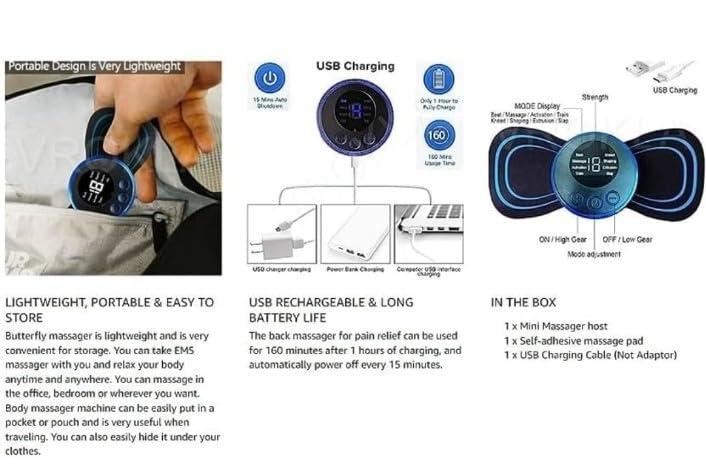 REBONICX REBONICX Full Body Mini Butterfly Tens Massager With 8 Modes, 19 Levels Electric Rechargeable Portable EMS Patch For Shoulder, Neck, Arms, Legs, Neck, Men/Women