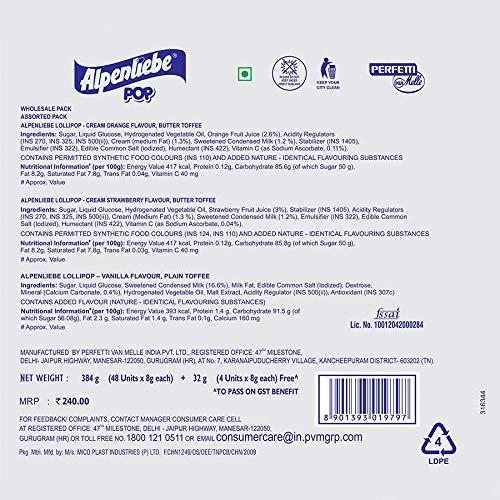 Alpenliebe Alpenliebe Pop, Assorted Flavours, Lollipop Display Hanger Pouch, 384g (Count of 48) + 4pc free
