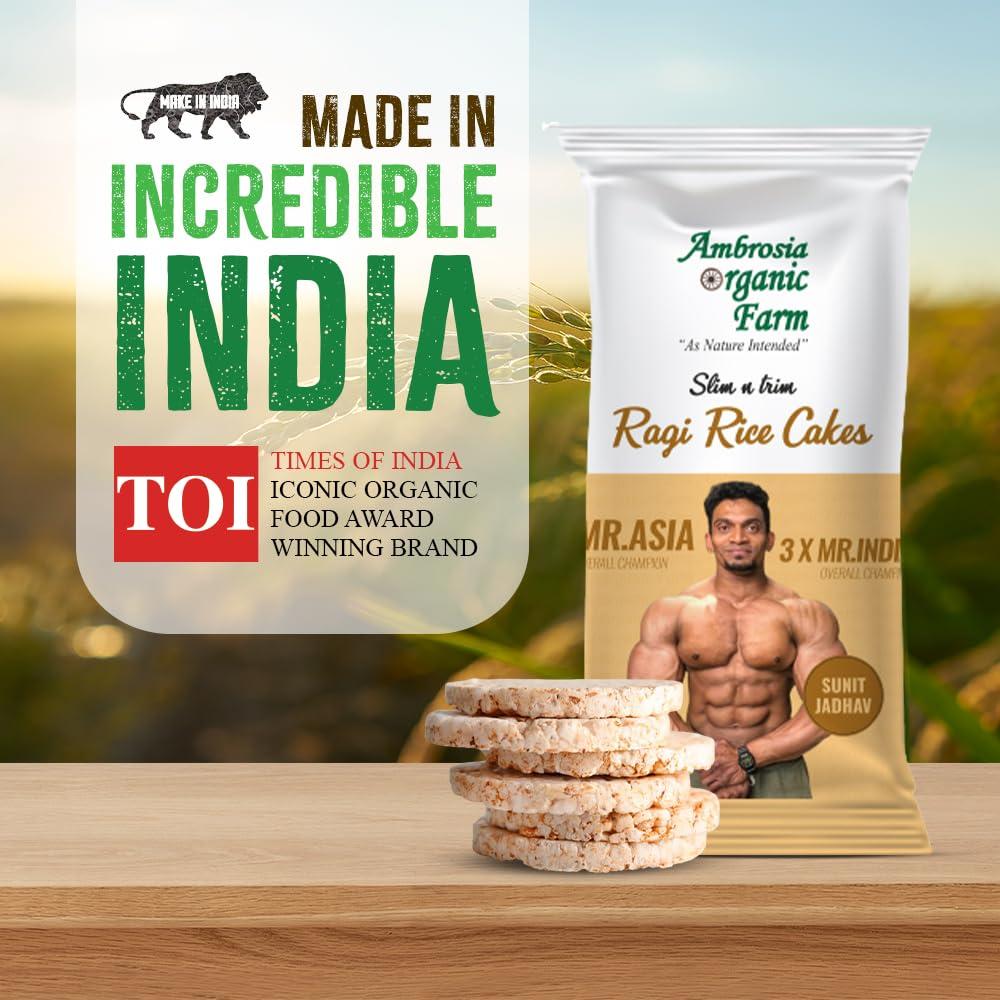 Ambrosia Organic Farm Ambrosia Organic Farm Ragi Rice Cakes, No Fat, No Cholesterol, Gluten Free, Lightly Salted| Tteokbokki the Korean Brown breadsticks|Try With Crunchy Peanut Butter| Gym Edition| 150gm (Pack of 1)