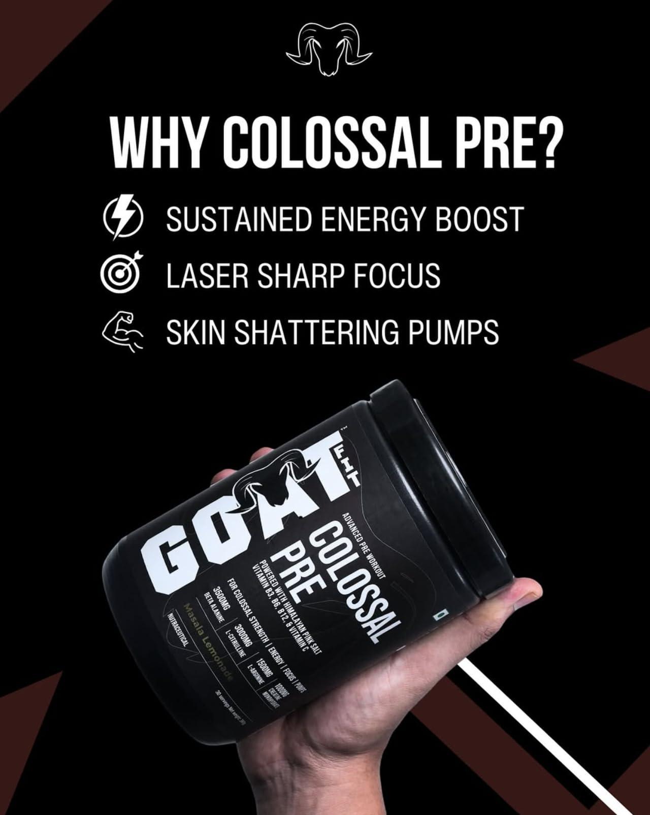 G.O.A.T Fit G.O.A.T Fit Colossal Pre | PreWorkout Powder (Strawberry Kiwi 180gm 15 Servings) 200mg Caffeine 3.5g Beta-Alanine 3g Citrulline 1.5g Arginine 1g Creatine with Himalayan Pink Salt