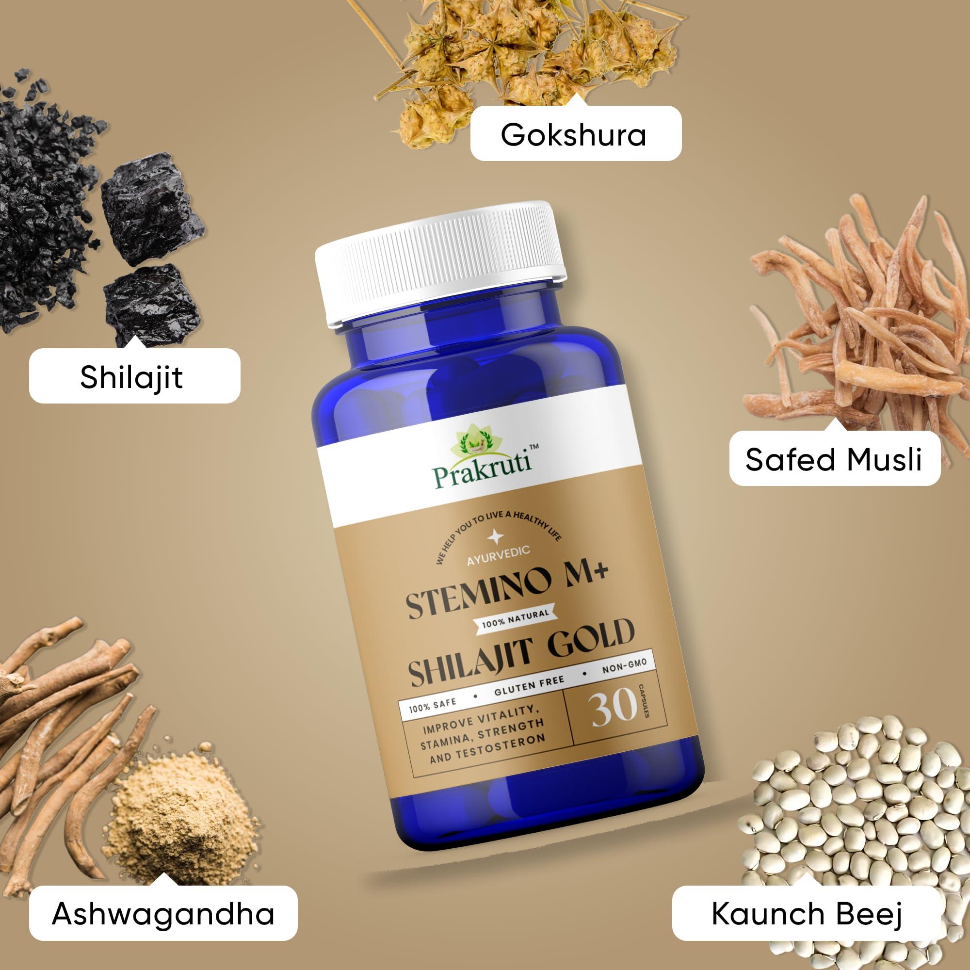 Prakruti Pure Herbs Prakuri Daily Greens Spiruina and Stemino M+ Shilajit Gold Combos | 100% Natural help to Immunity & Enegry Booster | Stamina & General Wellness