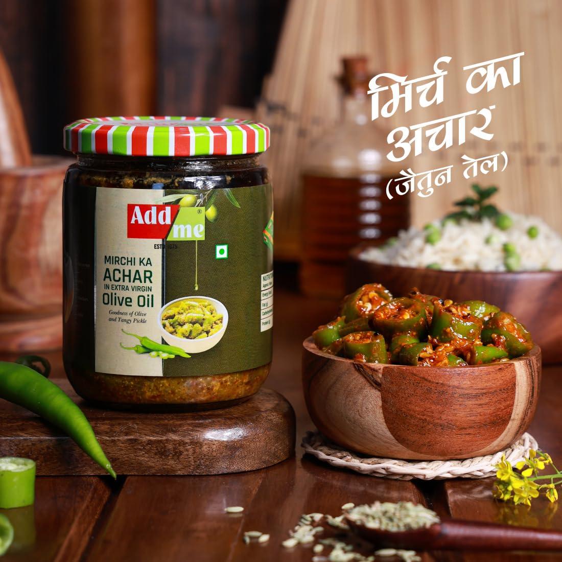 Add me Add me Home Made Green Chilli Pickles in Extra Virgin Olive Oil, 500 gm Mirch ka Achar 500gm Glass Jar