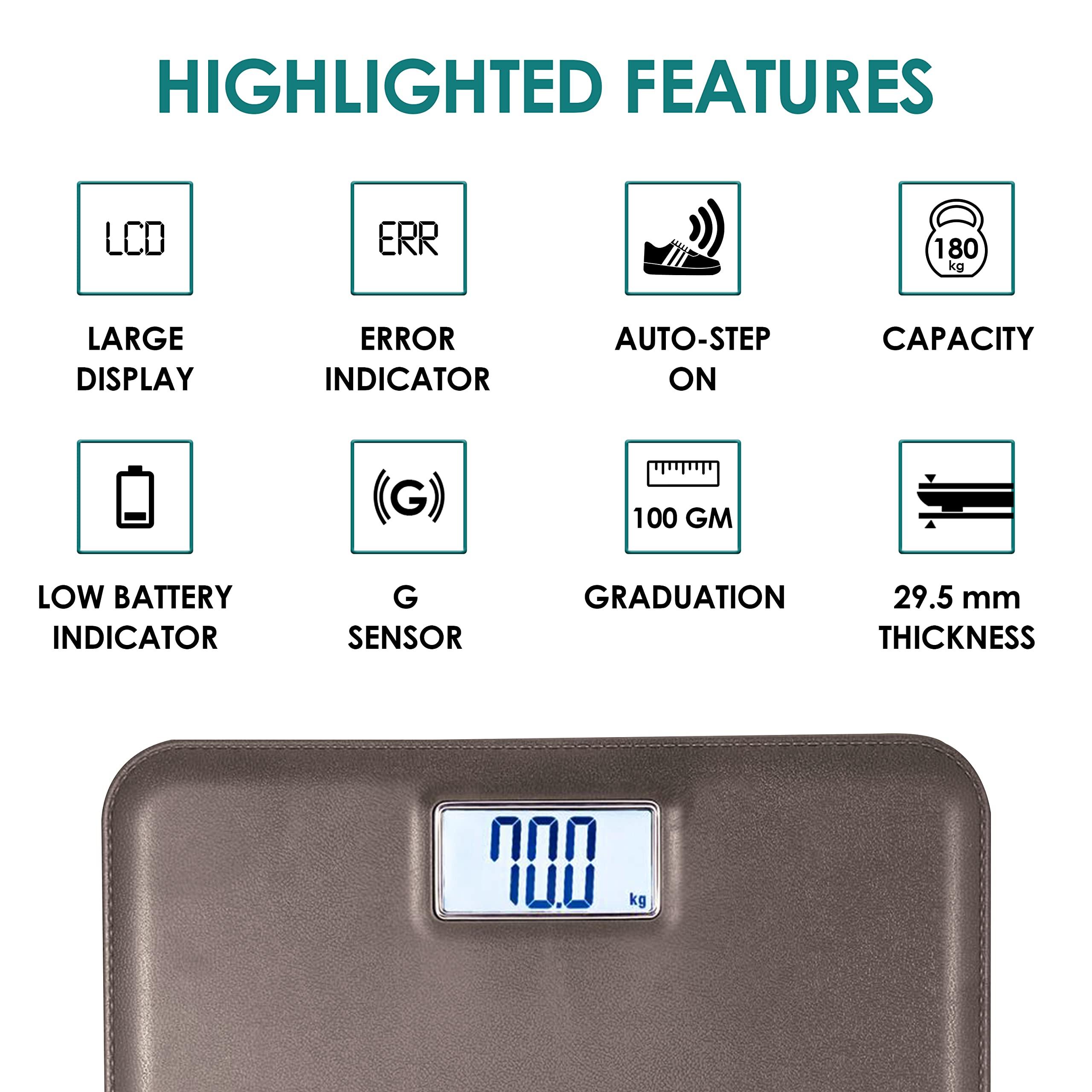 Equinox Equinox Personal Digital Weighing Scale EQ-EB-6171L for body weight, Leather look with ABS platform, Large LCD display with Backlight, Ultra Lightweight, 18 months warranty (Brown)