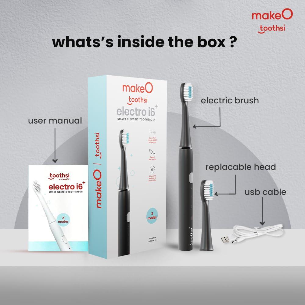 Toothsi Toothsi Electro i6 Smart Electric Toothbrush | Charcoal Black | 3 Cleaning Modes | IPX7 Waterproof & 5X plaque reduction | Sonic Technology, Dupont Soft Bristles, & Smart Timer | Rechargeable