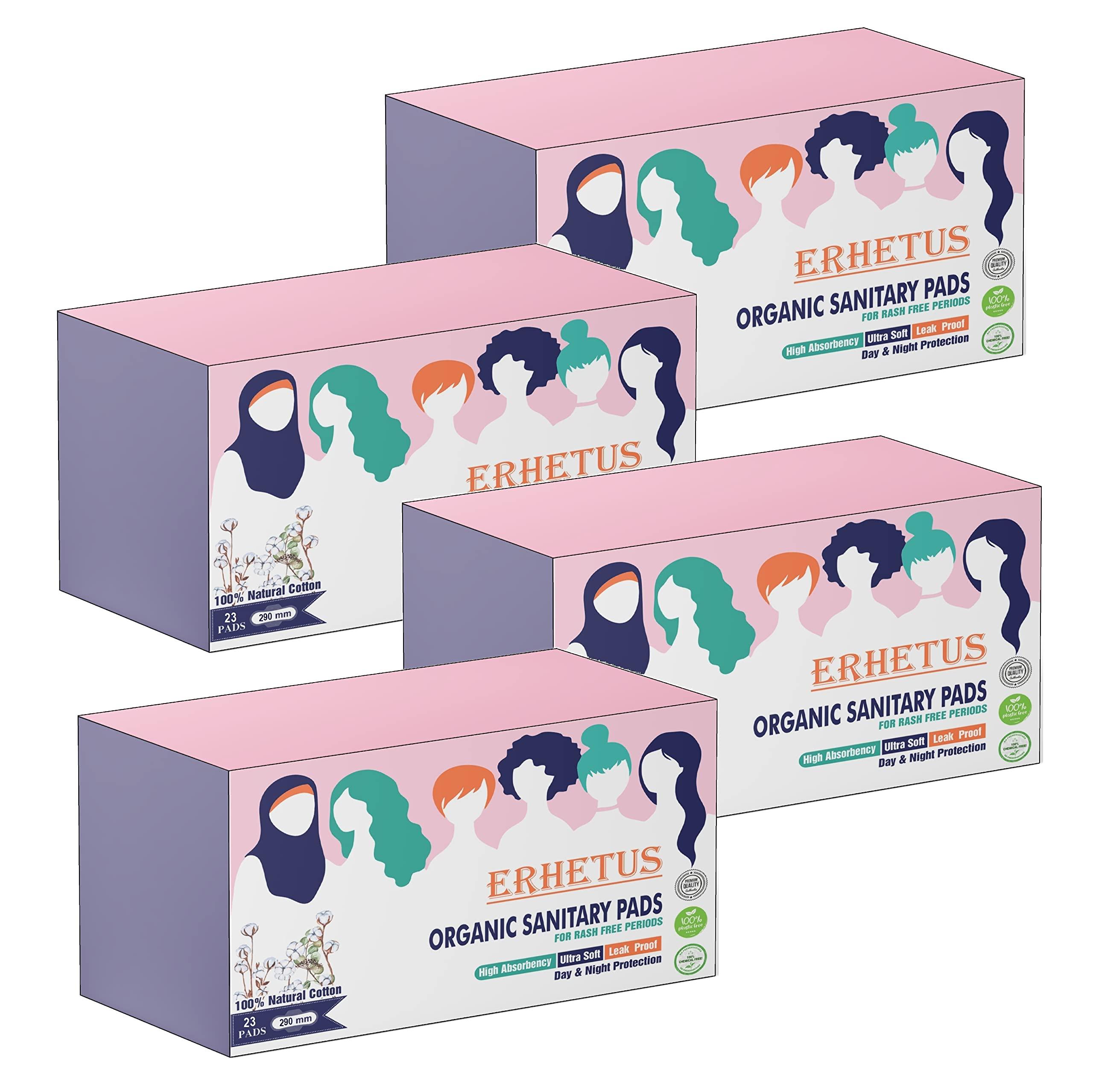ERHETUS ERHETUS Biodegradable Bamboo Sanitary Pads for Women, Pure Organic Cotton Base Sanitary Napkins | Chemical & Fragrance Free, Soft, Ultra-thin, High Absorbent - 92 Pads (XL, 290mm, Pack of 4 * 23 pad)