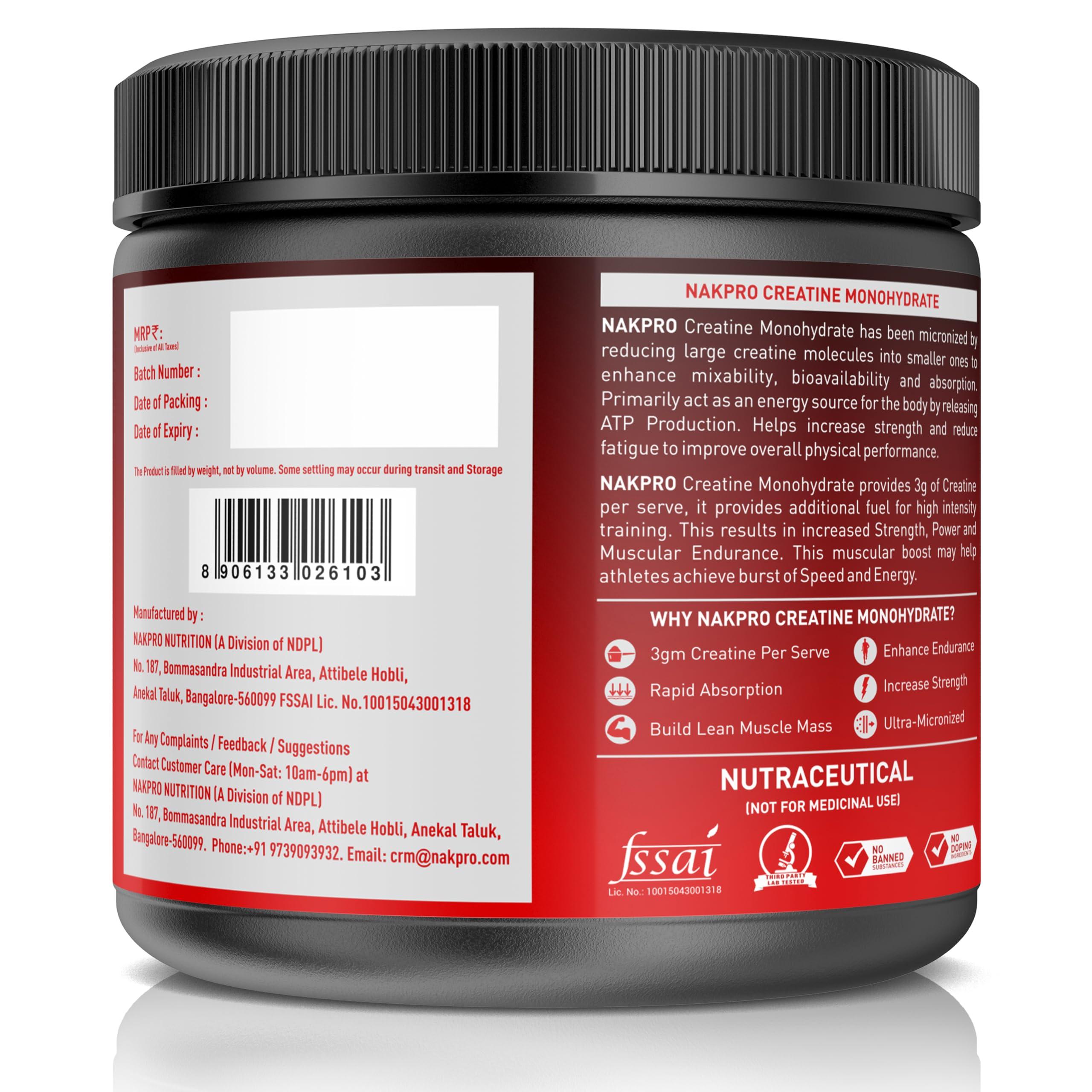 NAKPRO NAKPRO Micronised Creatine Monohydrate Powder 250g Jar, Fruit Punch | 3g Creatine/Serving | Trustified Certified | Rapid Absorption Pre/Post Workout Supplement for Muscle Repair & Recovery