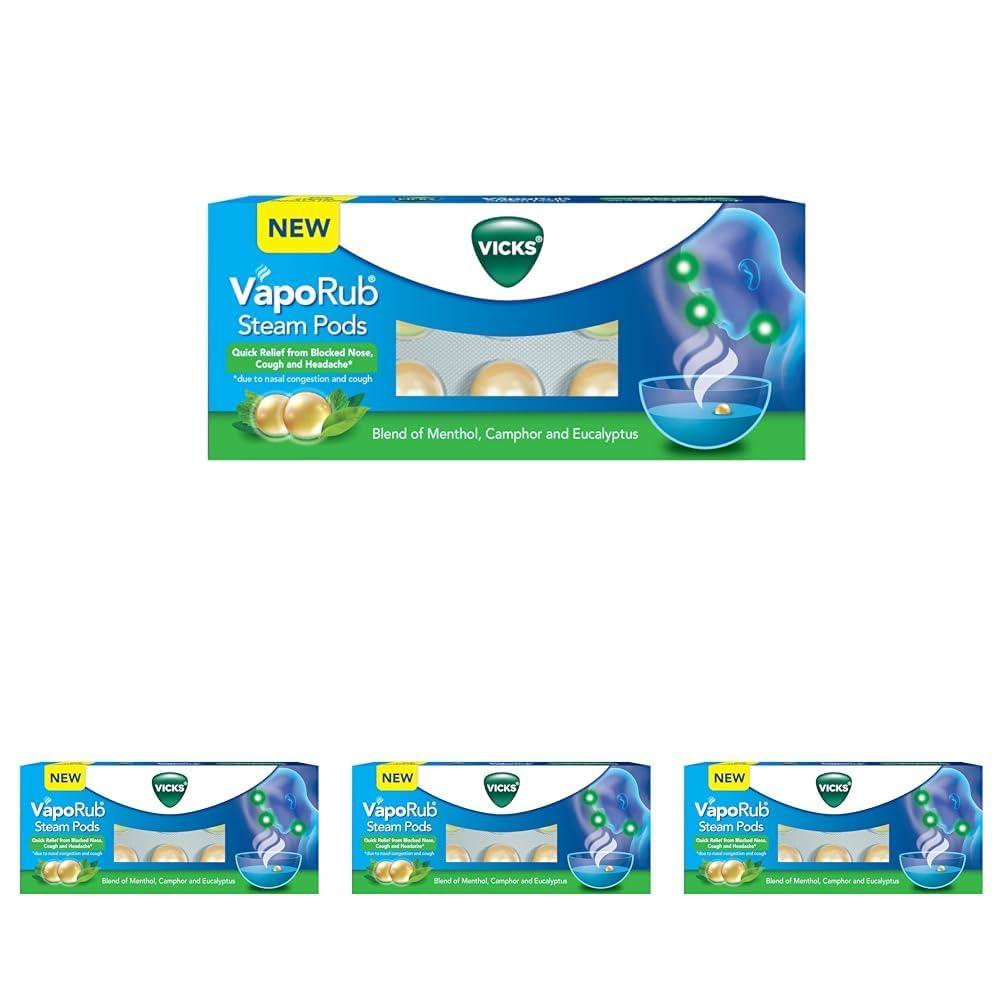 Vicks Vicks VapoRub SteamPods 10s, For Steam Inhalation, Quick relief from blocked nose, sinus congestion, headache, and cough due to cold. (Pack of 4)