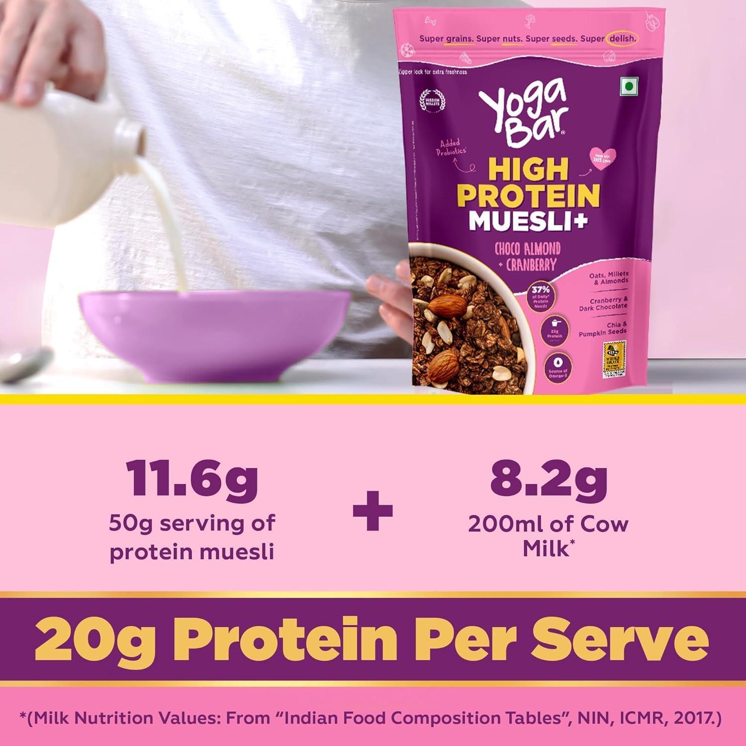 Yogabar Yogabar High Protein Muesli - Choco Almond & Cranberry - 21g Protein Muesli, Whey Protein 350g, and 1 High Protein Oats 850g | Choco Almond Oatmeal, 1 No Added Sugar Protein Bar (Combo of 3)