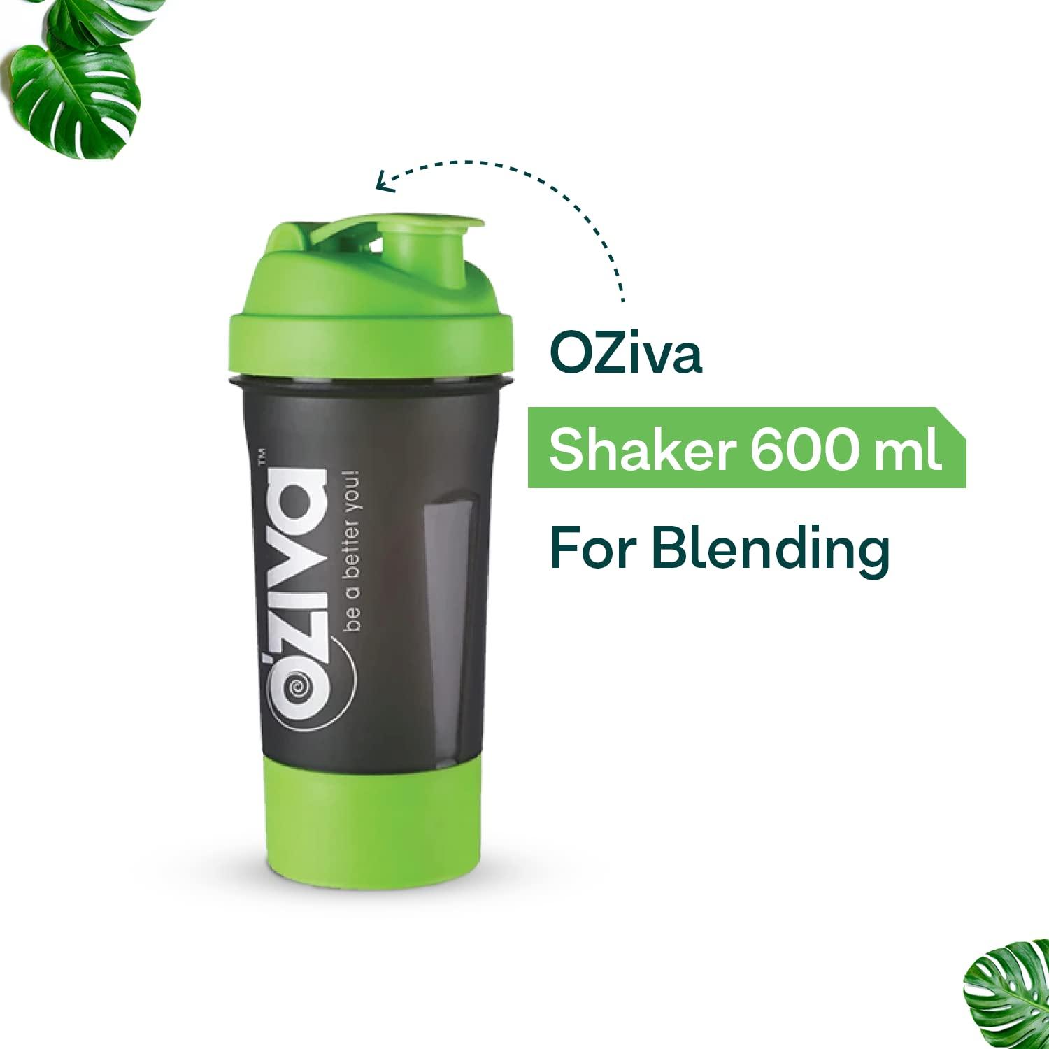 OZiva OZiva Gym Shaker Green Top, 600ml with Detachable Storage Compartment & Mesh strainer, Shaker for Protein Shake, Gym & Shakes