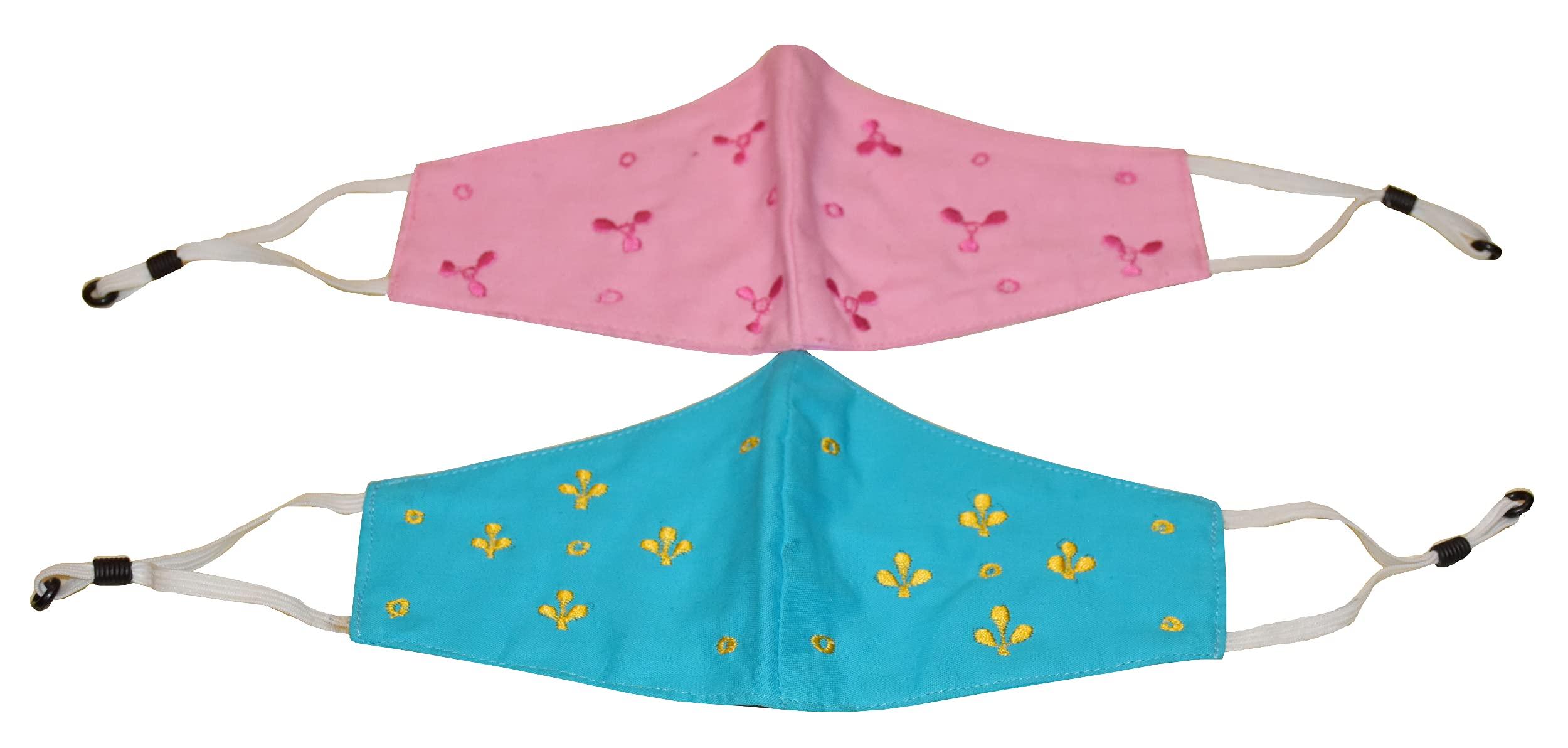 Kheyali Boutique Kheyali Boutique Pure Cotton Hand Embroidered Washable Reusable Anti Pollutant 3 Ply Face Mask(Light Blue,Pink,Blue Pack of 2)