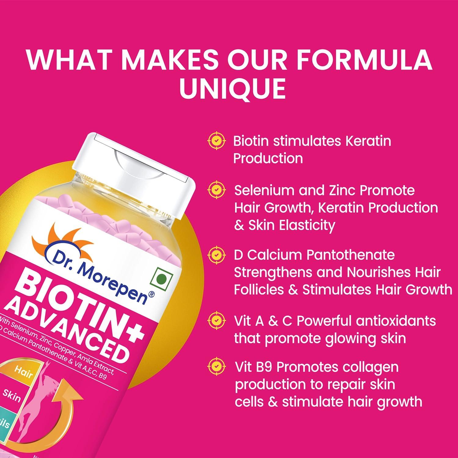 Dr. Morepen Dr.Morepen Biotin+ Tabs | With Multivitamins, Amino Acids, Natural Extract of Amla, Turmeric & Green Tea, Bhringraj & Brahmi | 60 Tablets Pack of 2