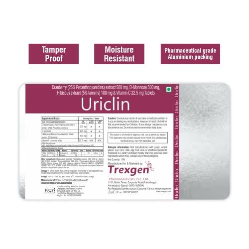 Trexgen Trexgen URICLIN UTI Support Cranberry 25% Proanthocyanidine 500 mg, D-Mannose 500 mg, Hibiscus 100 mg & Vitamin C (30 Tablets) (Pack of 2)