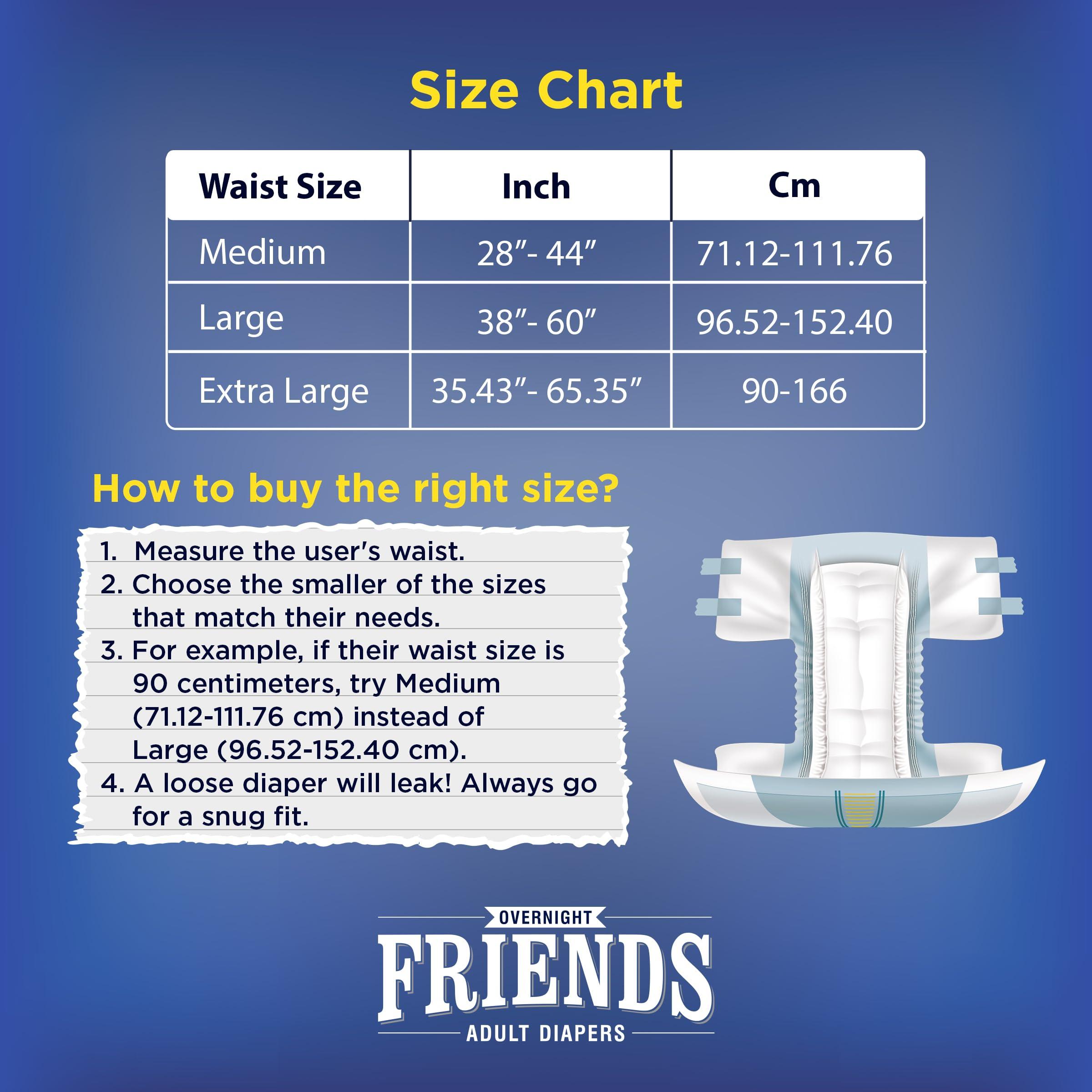 Friends Friends Overnight Adult Diapers Tape Style - 30 Count (Medium) with with odour lock, Unisex, Leakproof and Anti-Bacterial Absorbent Core - Waist Size 28.35-51.18 inch; 72-130 cm