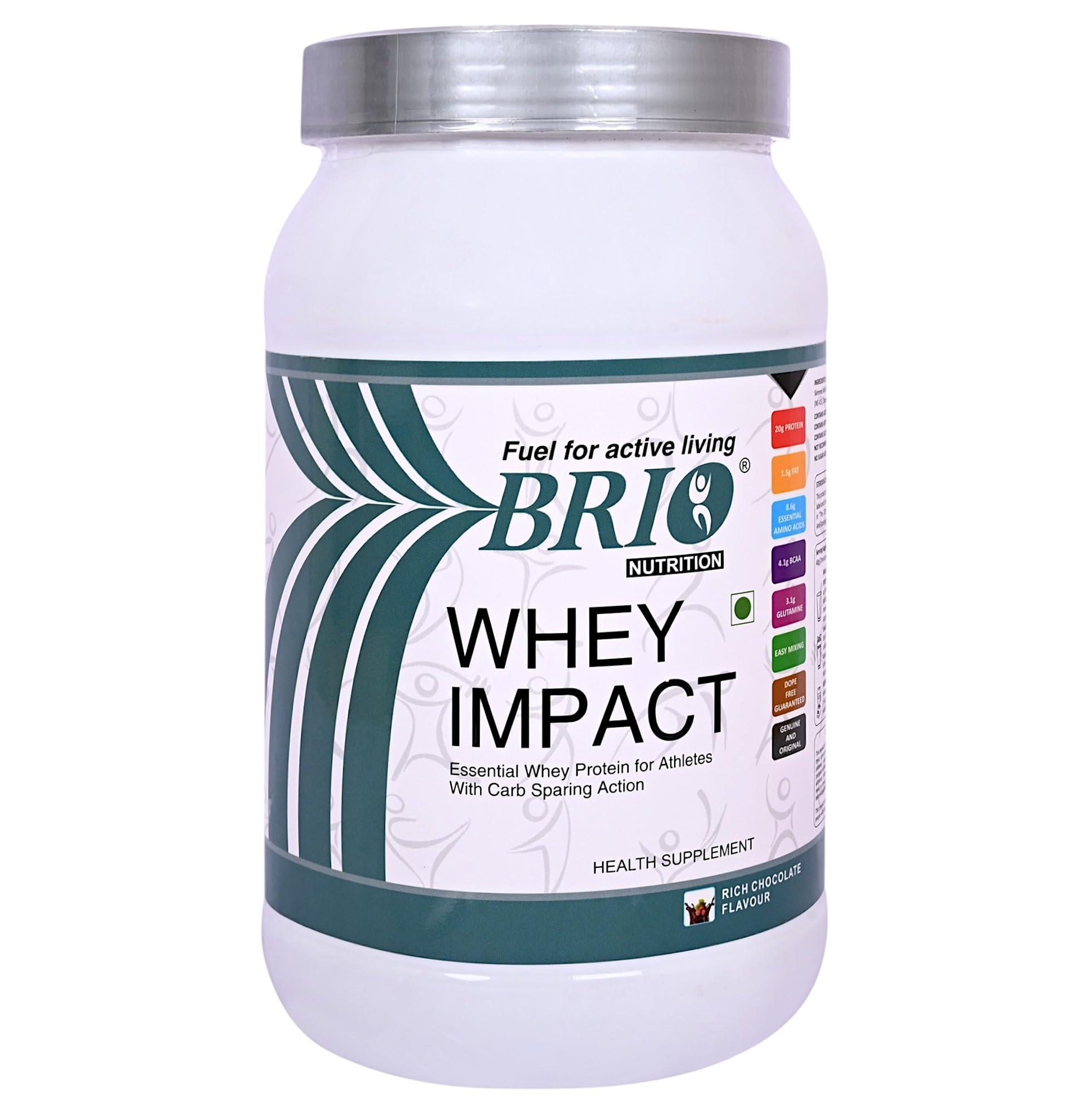 BRIO NUTRITION BRIO NUTRITION - Whey Impact Protein Powder - 20g Protein, 8.6g EAA, 4.1g BCAA, 3.1g Glutamine - Per 40g Serving [1kg jar - Rich Chocolate Flavour]