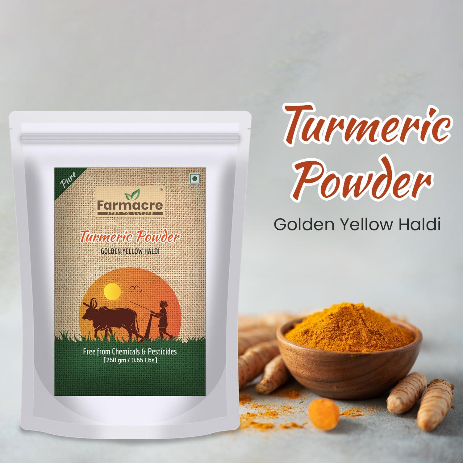 Farmacre With Logo Farmacre Selam Haldi Powder/Turmeric Powder/Natural Haldi Powder - 250 gms Pack | Product Of Cow Based Natural Farming (CBNF) | Product Of Chemicals Free & Pesticides Free (250 gm)