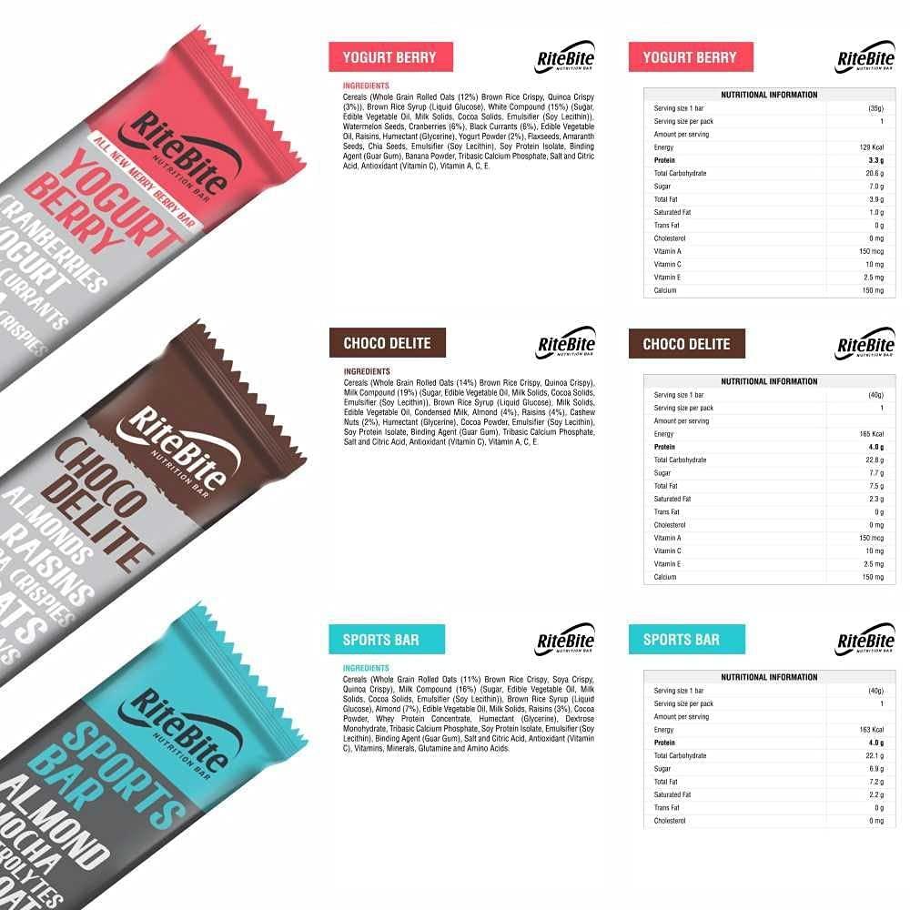 RiteBite Max Protein RiteBite Max Protein Assorted (Fruits & Seeds, Sports Bar, Peanut Butter, Nuts & Seeds, Choco Delite, Yogurt Berry) Nutrition Bar with Quinoa Oats | No Cholesterol & Trans Fat Snack Bar, 35g (Pack of 10)