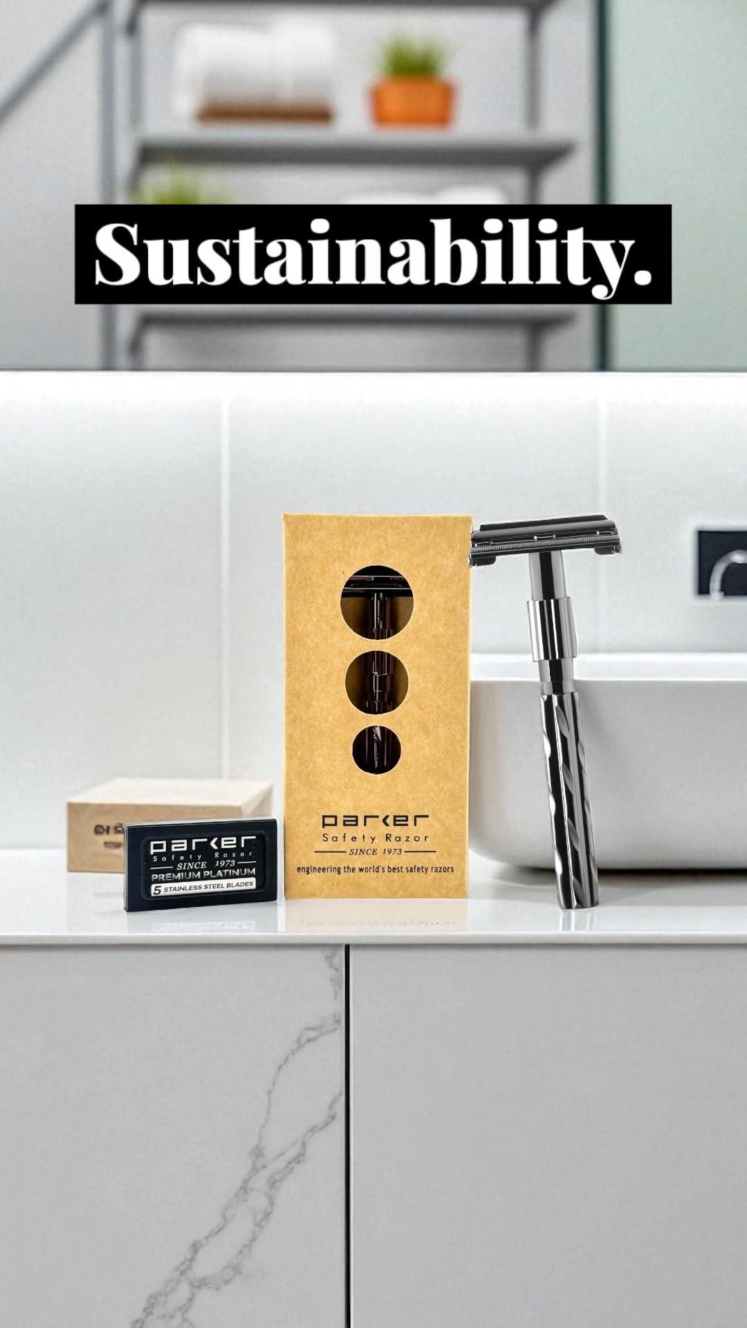 PARKER Safety Razor PARKER Safety Razor 22R - Gunmetal Finish Butterfly Open Safety Razor And 5 Parker Razor Blades Metallic