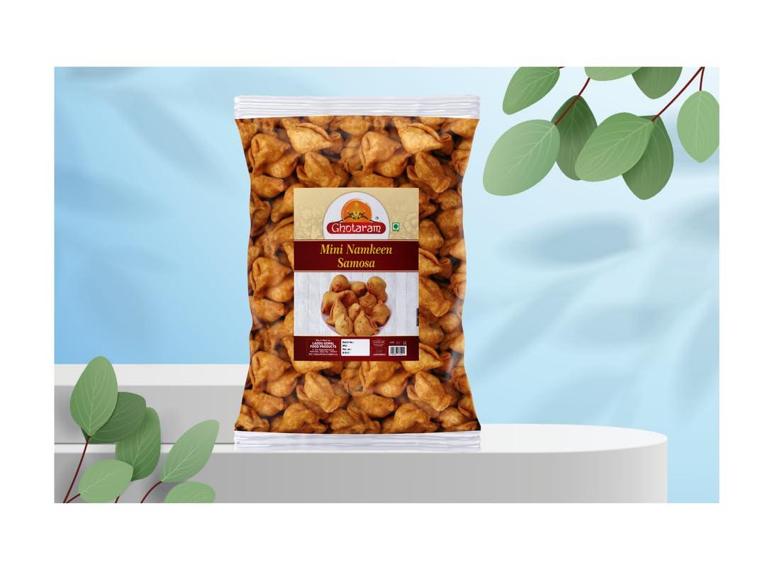 GHOTARAM Ghotaram Ready to Eat Snack Mini Samosa Indian Namkeen Nashta | Dal Samosa Baked Roasted Moong Mung Dal Samosa Triangle | Mini Samosa for Evening Tea Time Snack Fry in Peanut oil-1Kg*6Pack
