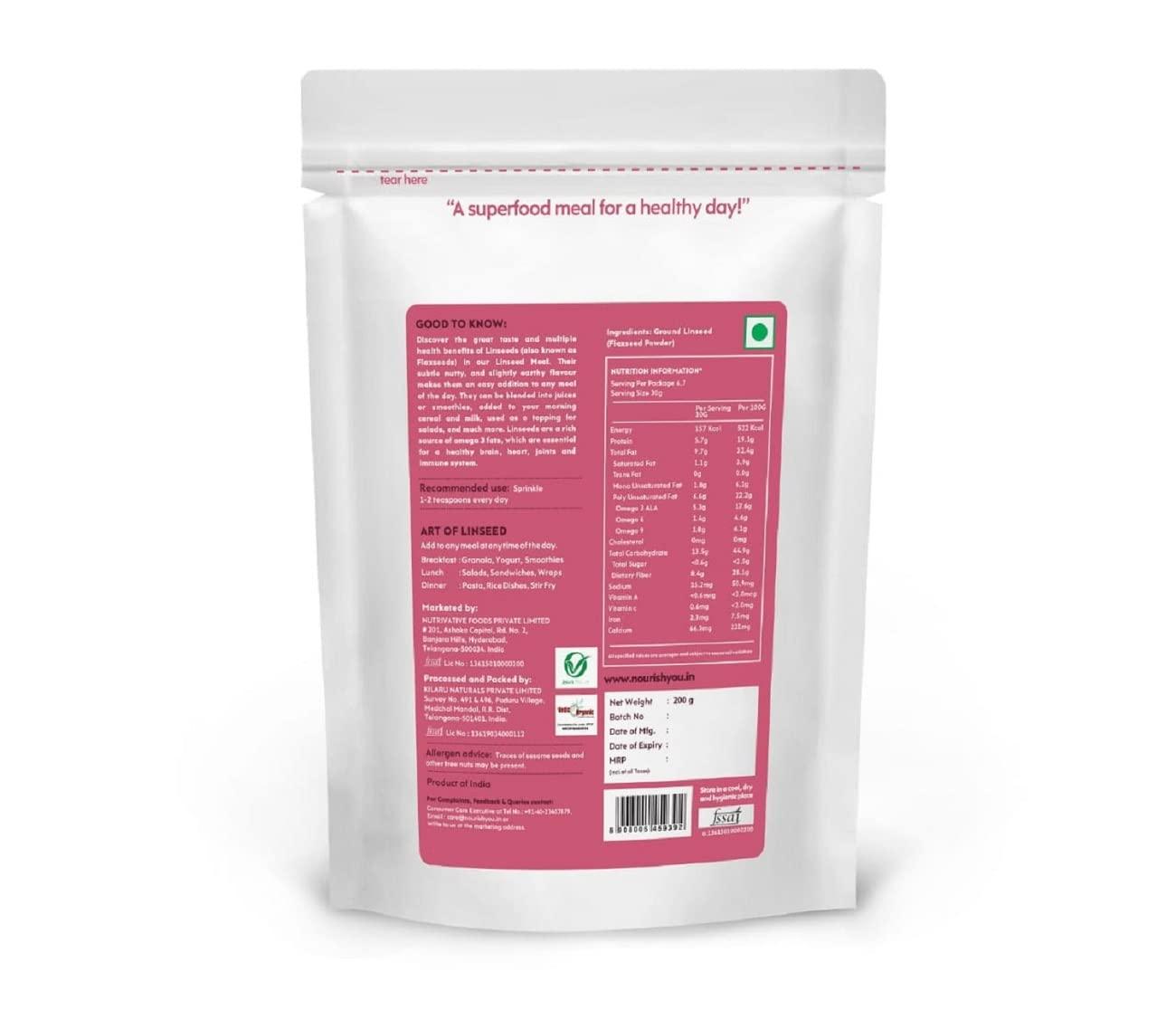 NOURISH YOU NOURISH YOU Cold Milled Organic Flax Seed Powder 200G | ALSI Powder| Rich in Omega 3 | Fibre- 200 GM (Pack of 1)