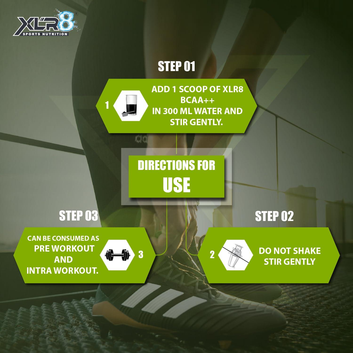 XLR8 XLR8 BCAA++ Powder Supplement 2:1:1 with Vegan Instantised BCAA 5000mg,1500mg Glutamine, 500mg Arginine &180 Electrolytes (450 g (Pack of 1, Guava)