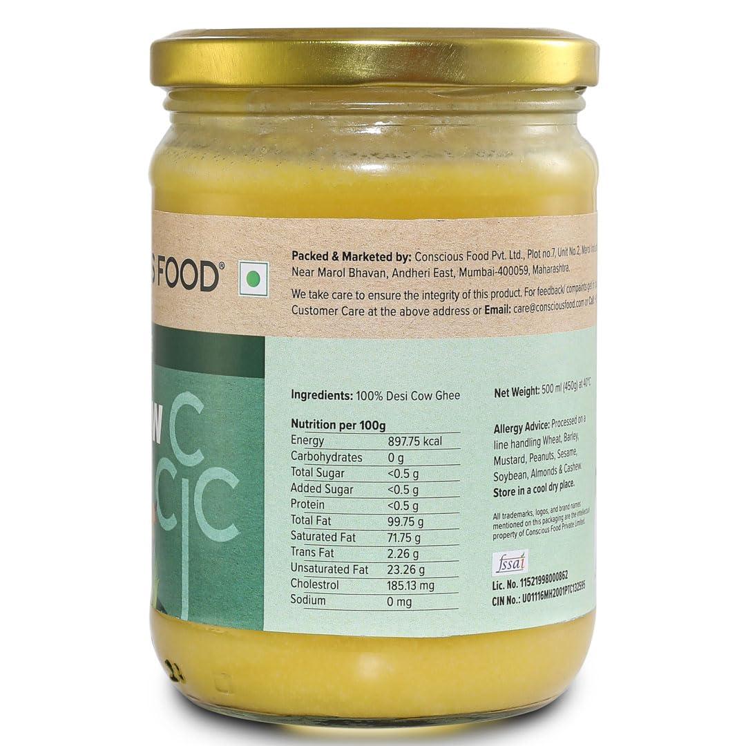 Conscious Food Conscious Food A2 Desi Ghee | 500ml | 100% Pure and Premium | Cultured Desi Cow | Natural | Grass Fed | Non - GMO | Immunity Booster | Locally Sourced | Produced in small batches