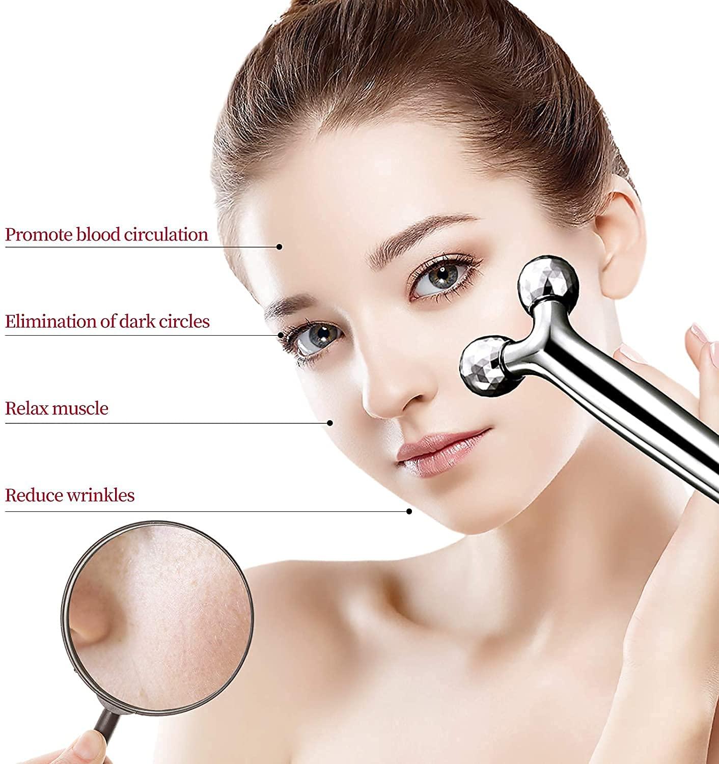 Generic Eazy Sales 3D Manual Roller Massager Face-lift Wrinkle Remover Facial Massage for Relaxation and Skin Tightening Tool (Silver, 14 x 4.8 x 3.6 cm)