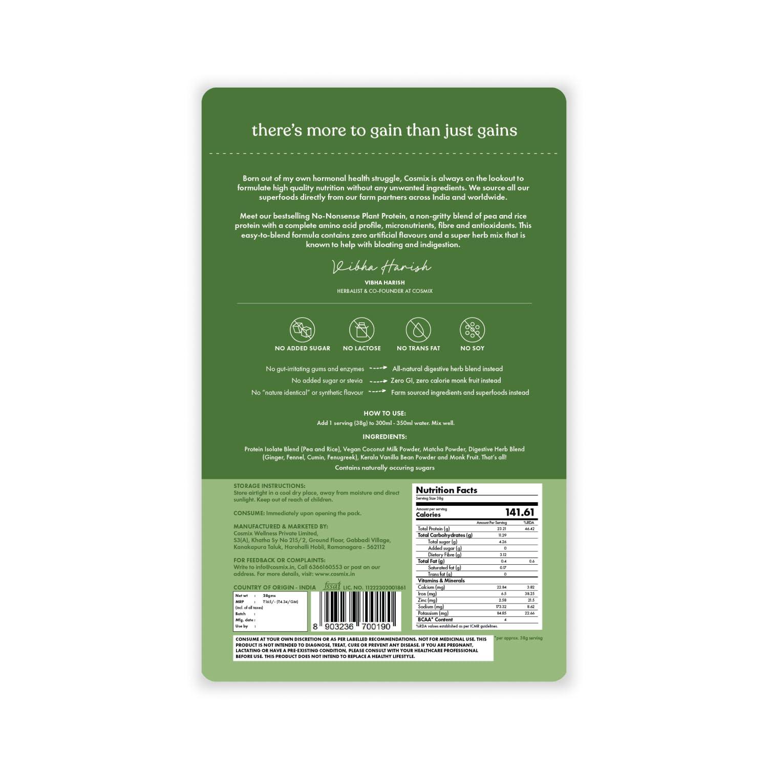 cosmix Cosmix No Nonsense Plant Protein - Organic Pea & Rice Isolate | Gut Friendly Superfoods | Complete Amino Acid Profile | Easy Digestion | 24g Protein/Sachet| Vegan | Matcha (Pack of 6)