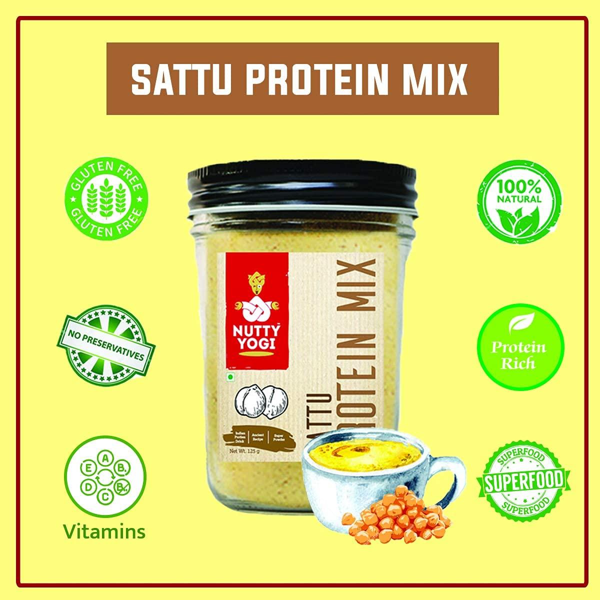 NUTTY YOGI Nutty Yogi Sattu - Indian Protein Mix I Roasted Black Gram Flour I Pure Sattu Atta I 100% Vegan, Nutritious, High Fibre, Healthy I Mix with Wheat Flour to Make chapatis I 100gm (Pack of 4)