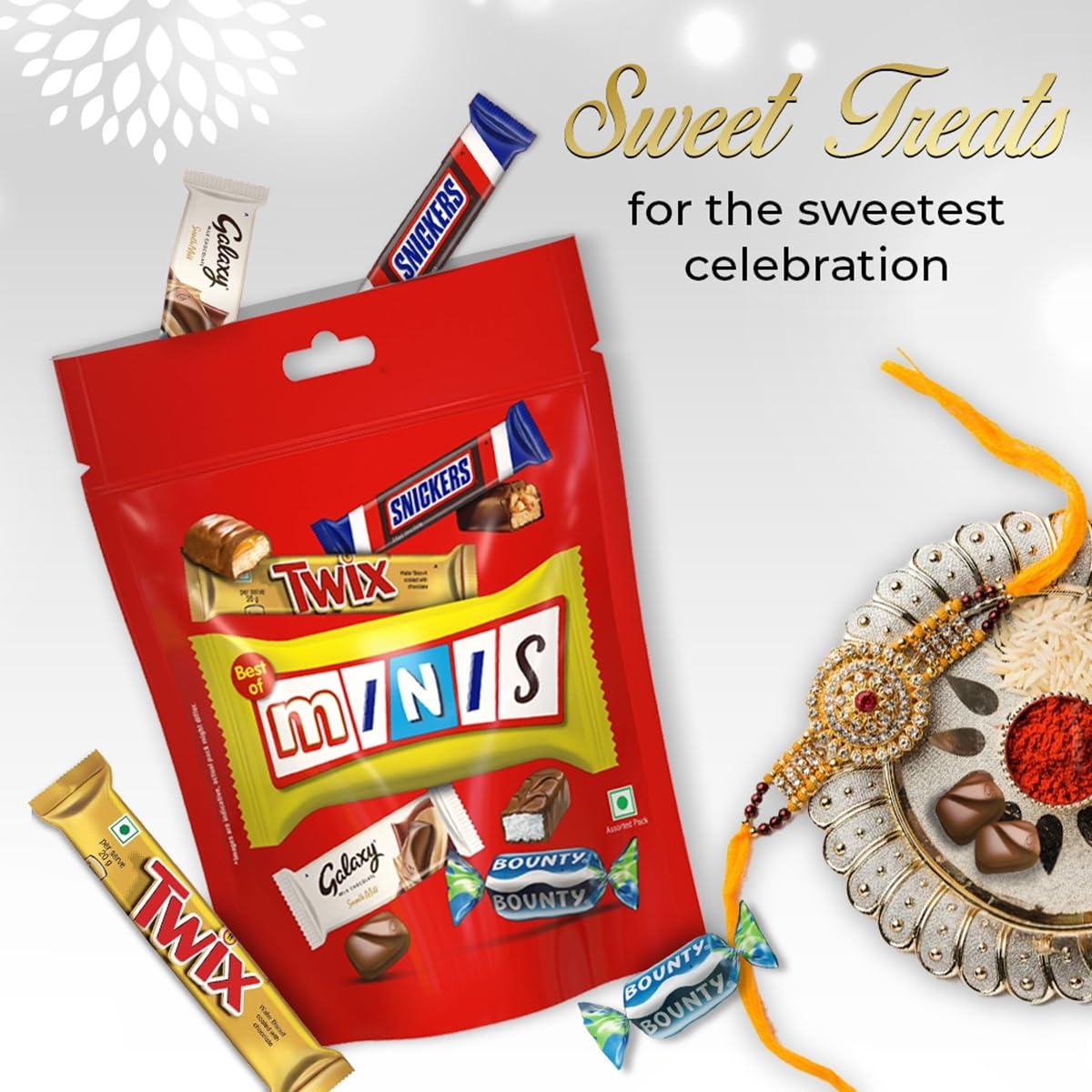 Mars Snickers Best of Minis Assorted Chocolates, Rakhi Gift Pack, Snickers Minis, Twix Minis, Galaxy Smooth Milk Minis, Bounty Minis, 128g, Pack of 3