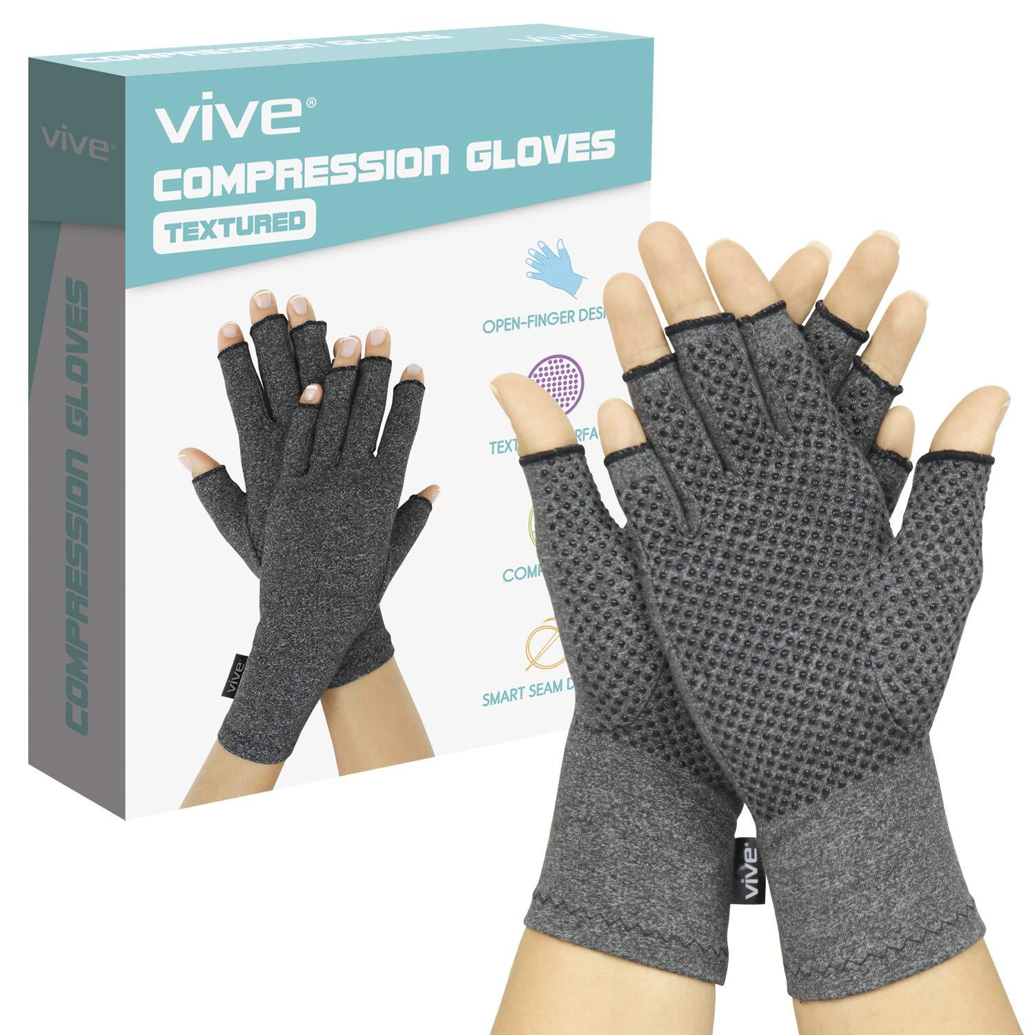 Vive Arthritis Gloves With Grips by Vive - Textured Open Finger Compression Hand Gloves for Rheumatoid and Osteoarthritis - Joint Pain Relief for Men & Women (Large)