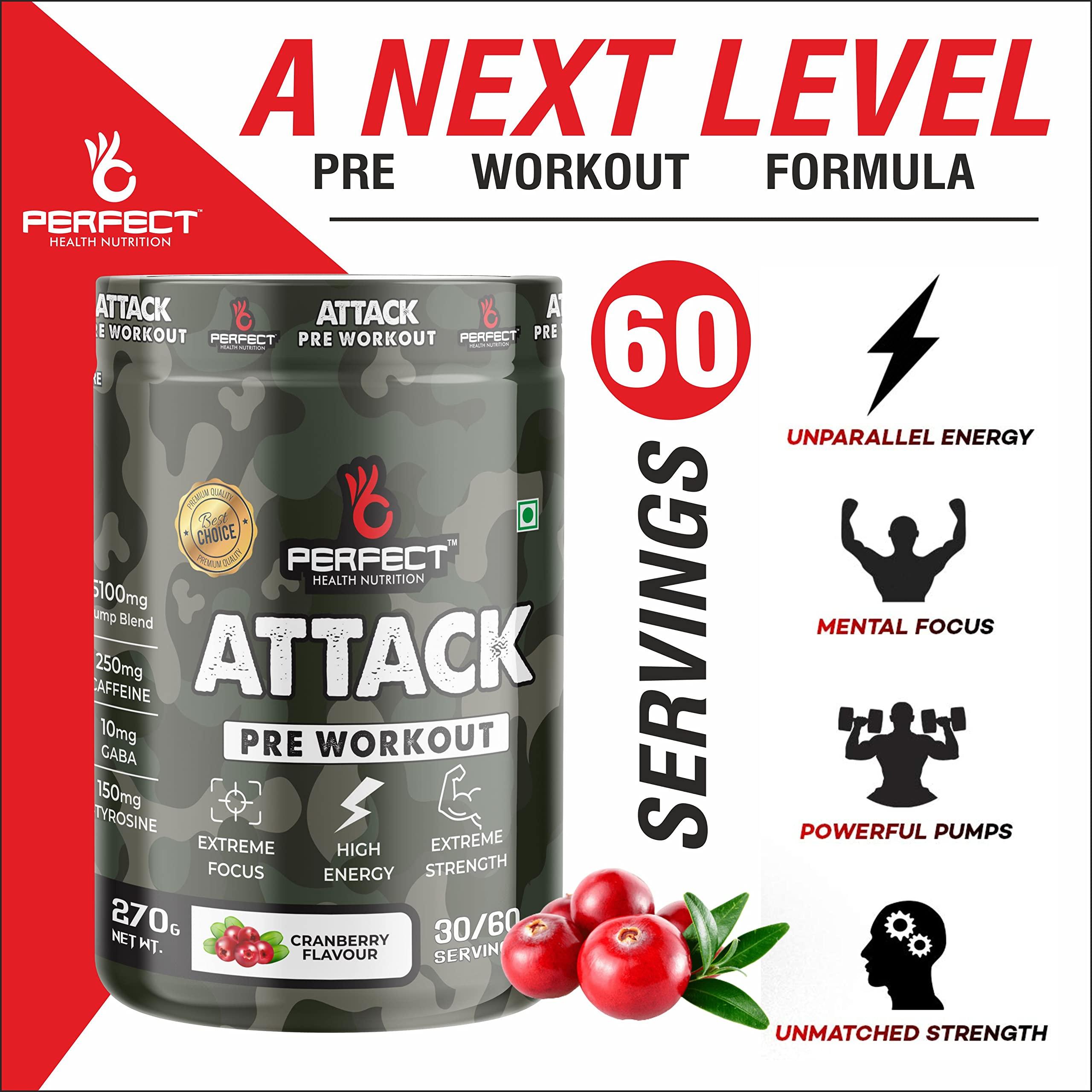 PERFECT HEALTH NUTRITION Perfect Health Nutrition, Attack (Pre-Workout) with 250mg Caffeine, Helps in Better Endurance, Increased Energy, Elevated Focus and Reduces Fatigue (270gm, 30/60 Servings) (Watermelon)