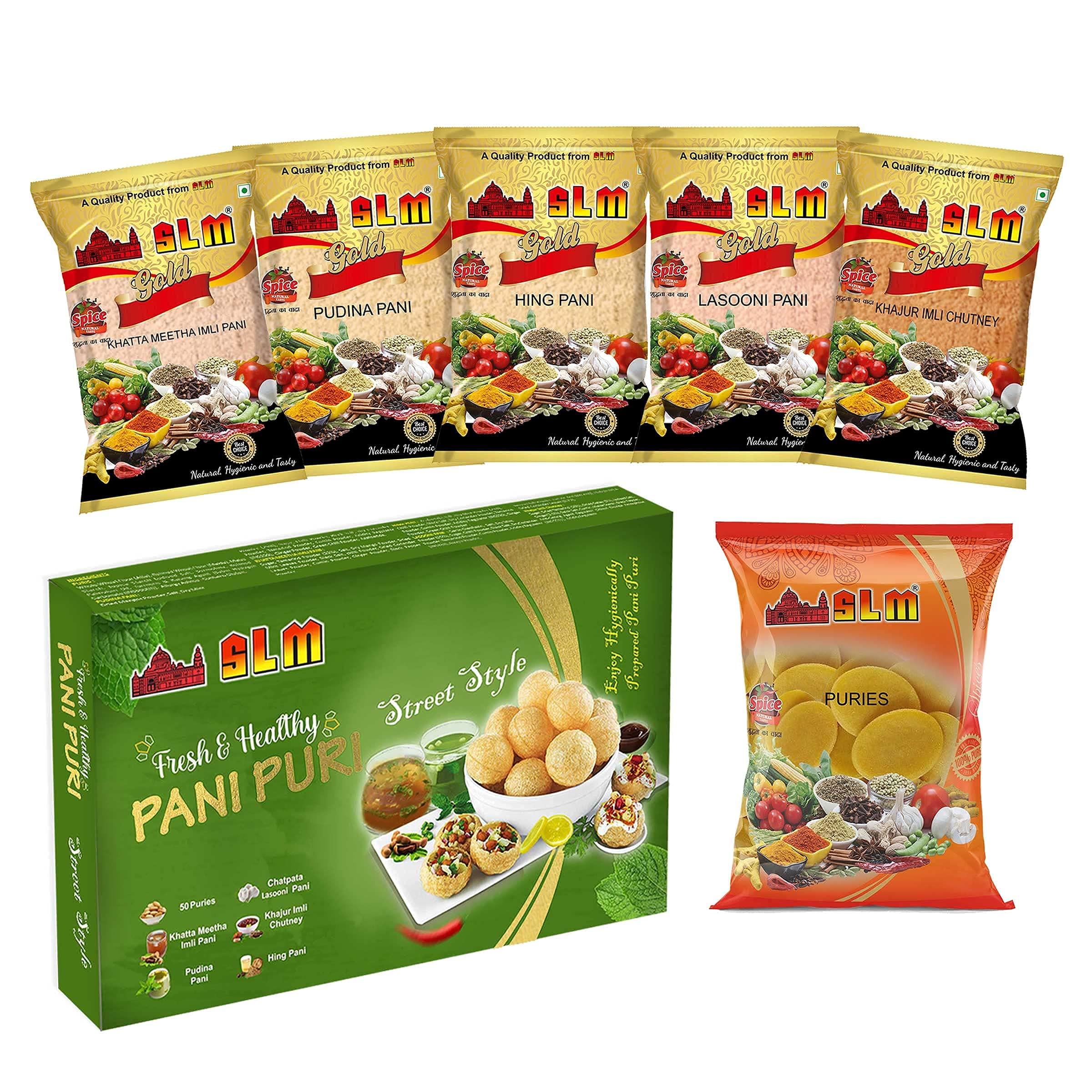 SLM SLM Pani Puri Golgappe Puchka kit with 4 Different Flavours 250g Each Combo (Pack of 2) 100g Puris, Pudhina Pani, Hing Pani, Lasooni Pani, Khatha Meetha Imli Pani and khajur Imli Chutney.