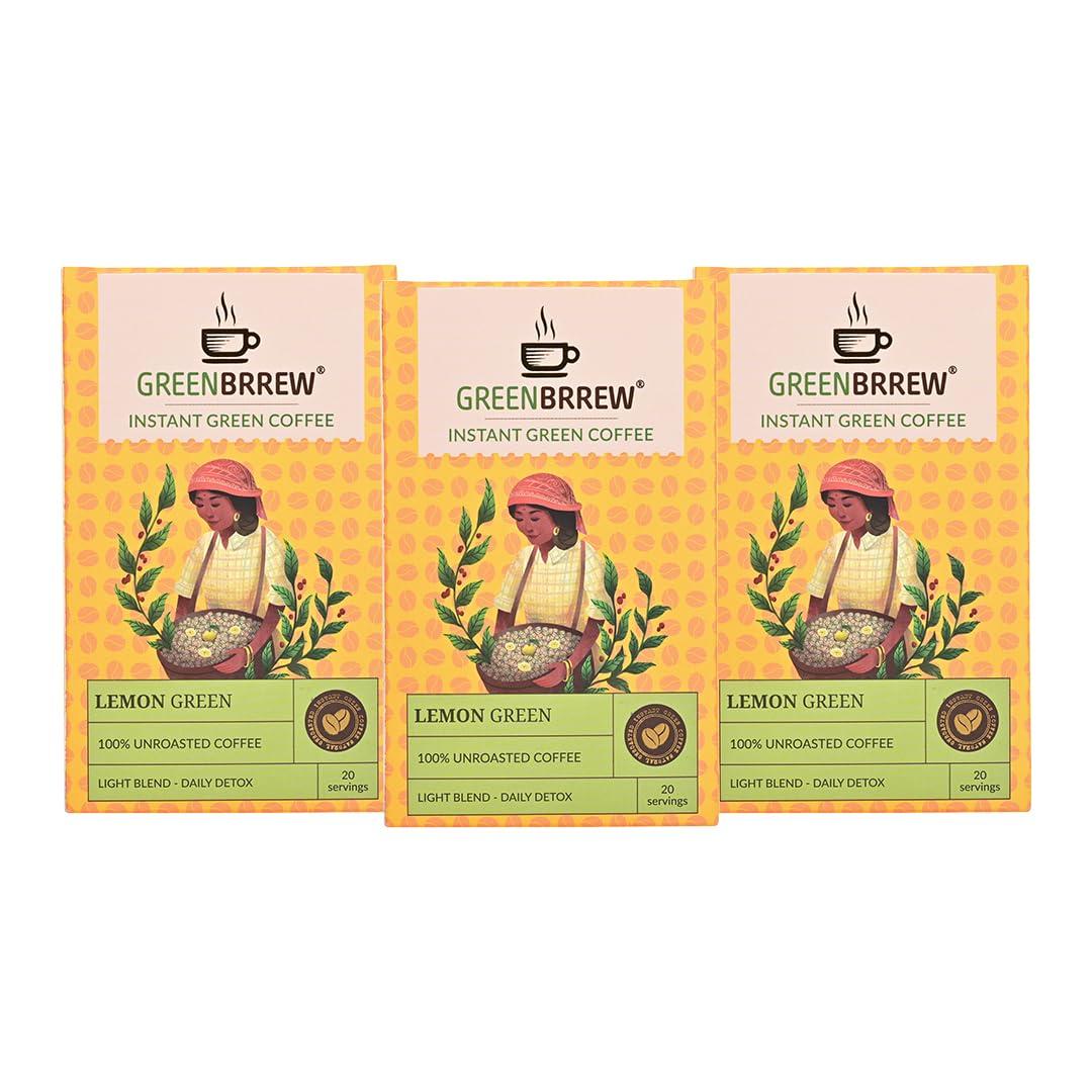 GreenBrrew Greenbrrew Instant Lemon Coffee Mix | 100% Unroasted Arabica Coffee Beans | Green Coffee Extract (\"PL-AAA\") + Probiotics | Hot & Cold Coffee | 20 Sachets, 60g Each - (Pack Of 3)