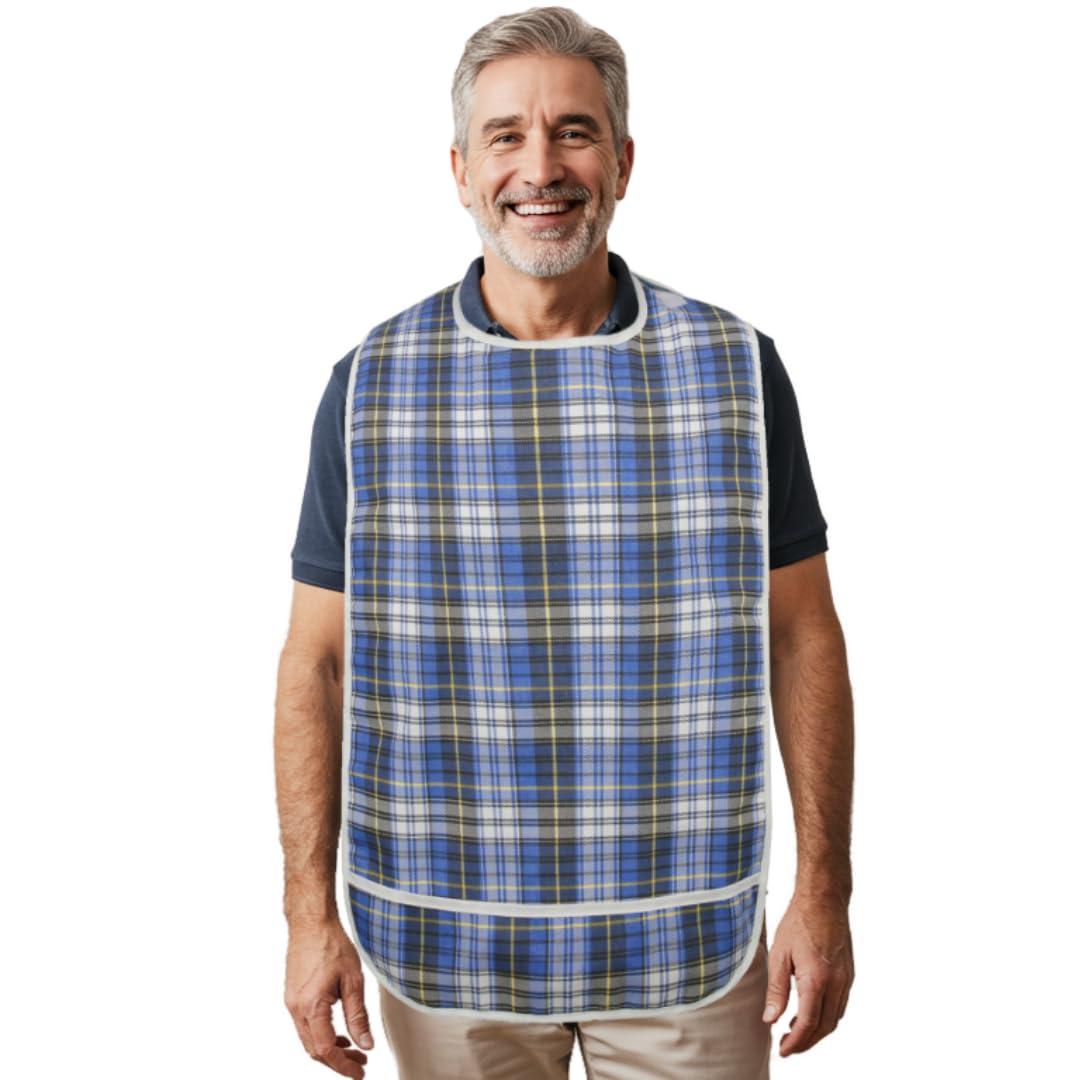 Modaliv Adult Bib - Reusable Clothing Protector - Waterproof - Crumb Catcher - Machine Washable - Velcro Closure - Extra Long Senior Men and Women Bibs for Eating by Modaliv (Blue)