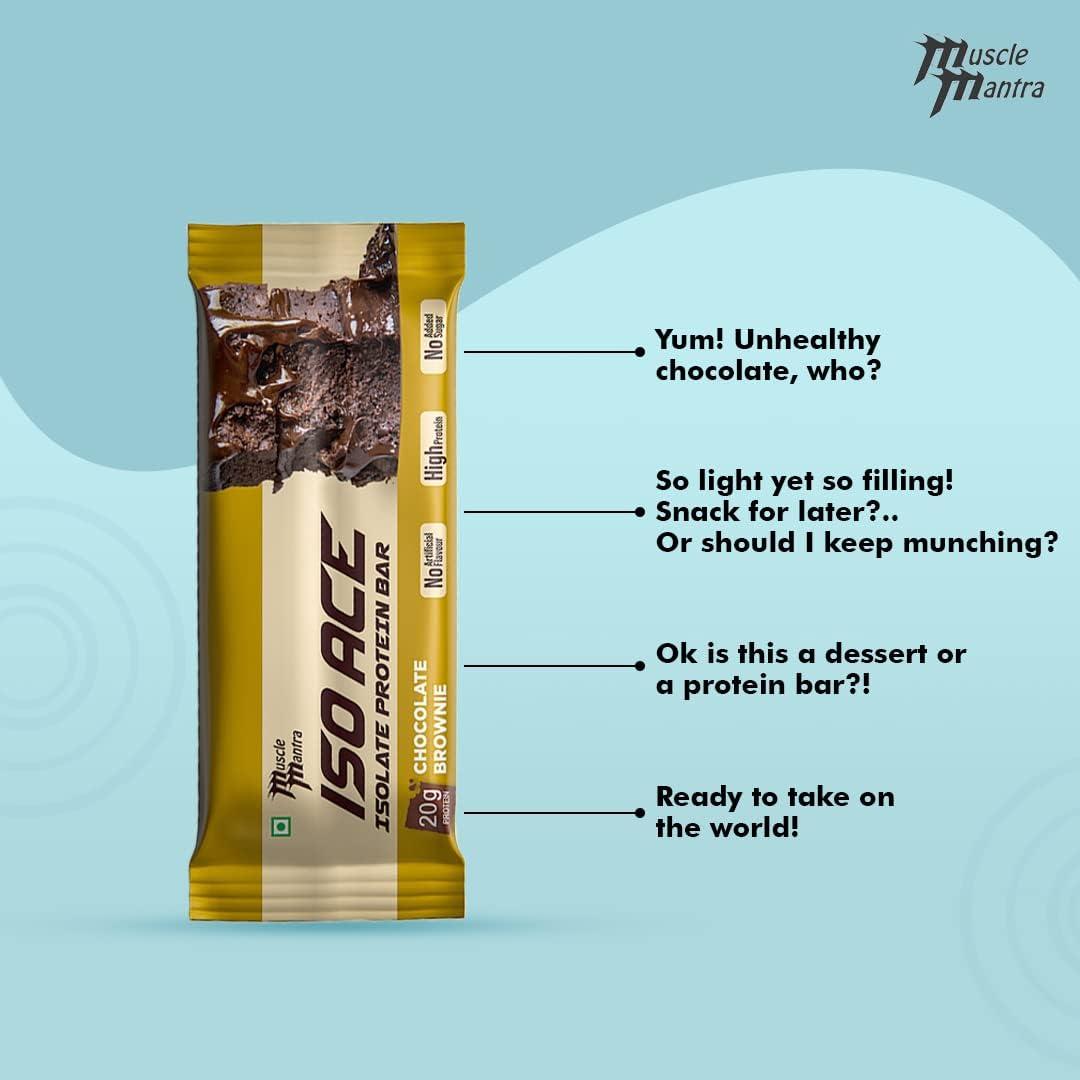 Muscle Mantra Muscle Mantra ISO ACE Isolate Protein Bar - Chocolate Brownie | High Protein & Energy Snack Bars | 20gm Protein, 9gm Fiber Bars, No Added Sugar, Gluten Free, No Artificial Flavour - (Pack of 2, 12 Bars)