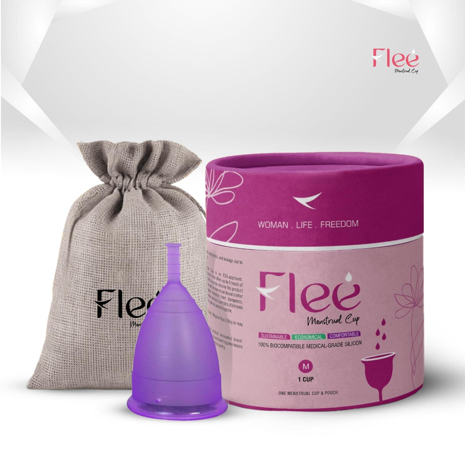 Flee Menstrual Cup Bluefin Flee Reusable Menstrual Cup for Women - Small | Medium | Large Size With Pouch | Clean your Period Cup Effortlessly | Silicone Body, Odour And Rash Free, No Leak (PURPLE, MEDIUM)