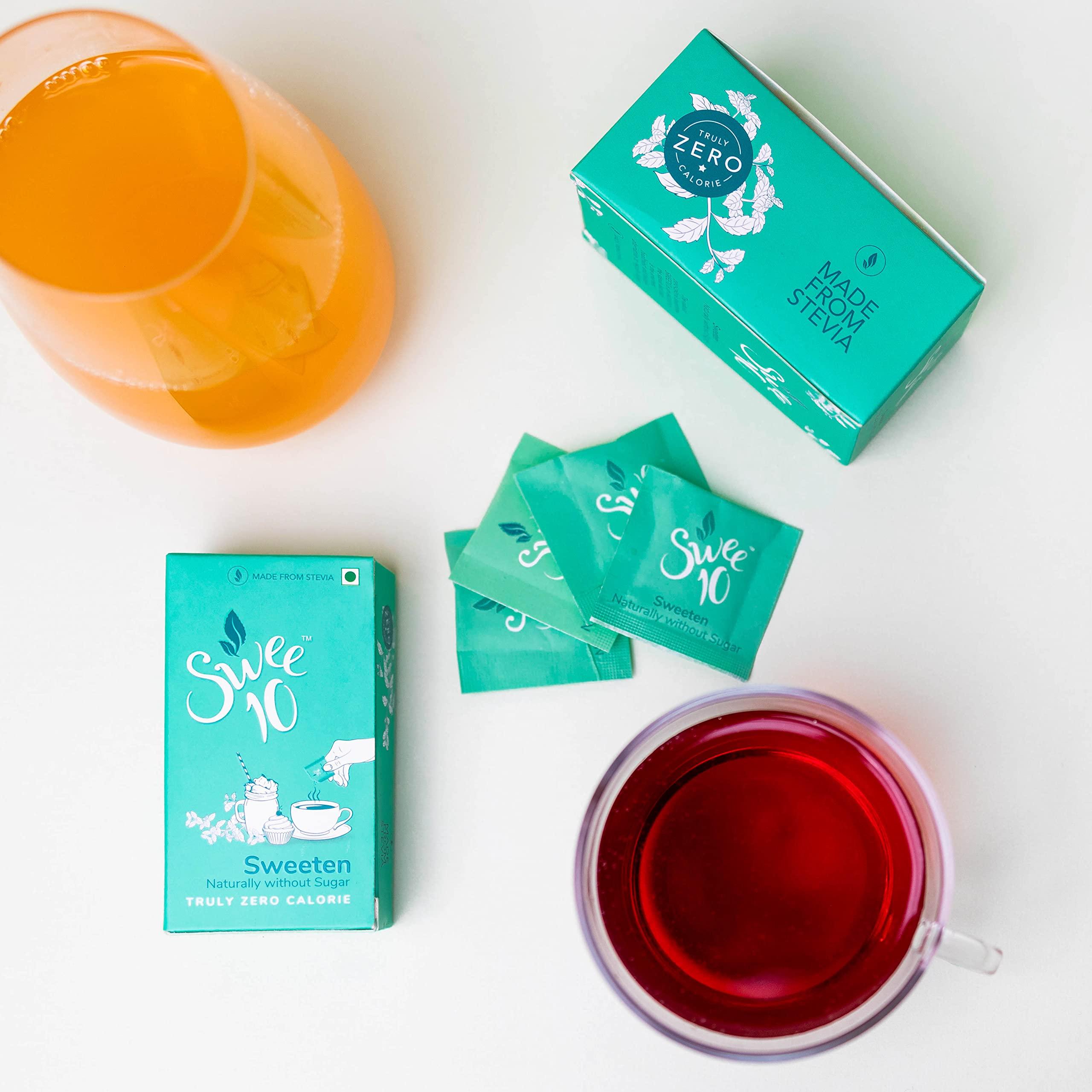 SWEE10 Swee10 Natural Stevia Sweetener - Zero Calorie Sugar Substitute for Low Sugar, Low Carb Diets - Vegan, Non-GMO Powder for Hot & Cold Drinks, Making Coffee & Tea, Cooking & Baking 90g Sachet Box