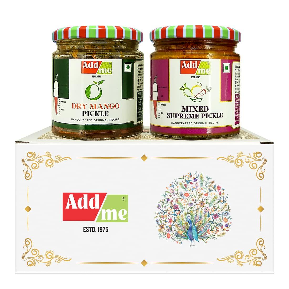 Add me Add me Mixed Supreme Pickle 200gm, Dry Mango Pickle, sukha North Indian aam ka achar 150gm Mix Combo Gift Pack Glass Jar