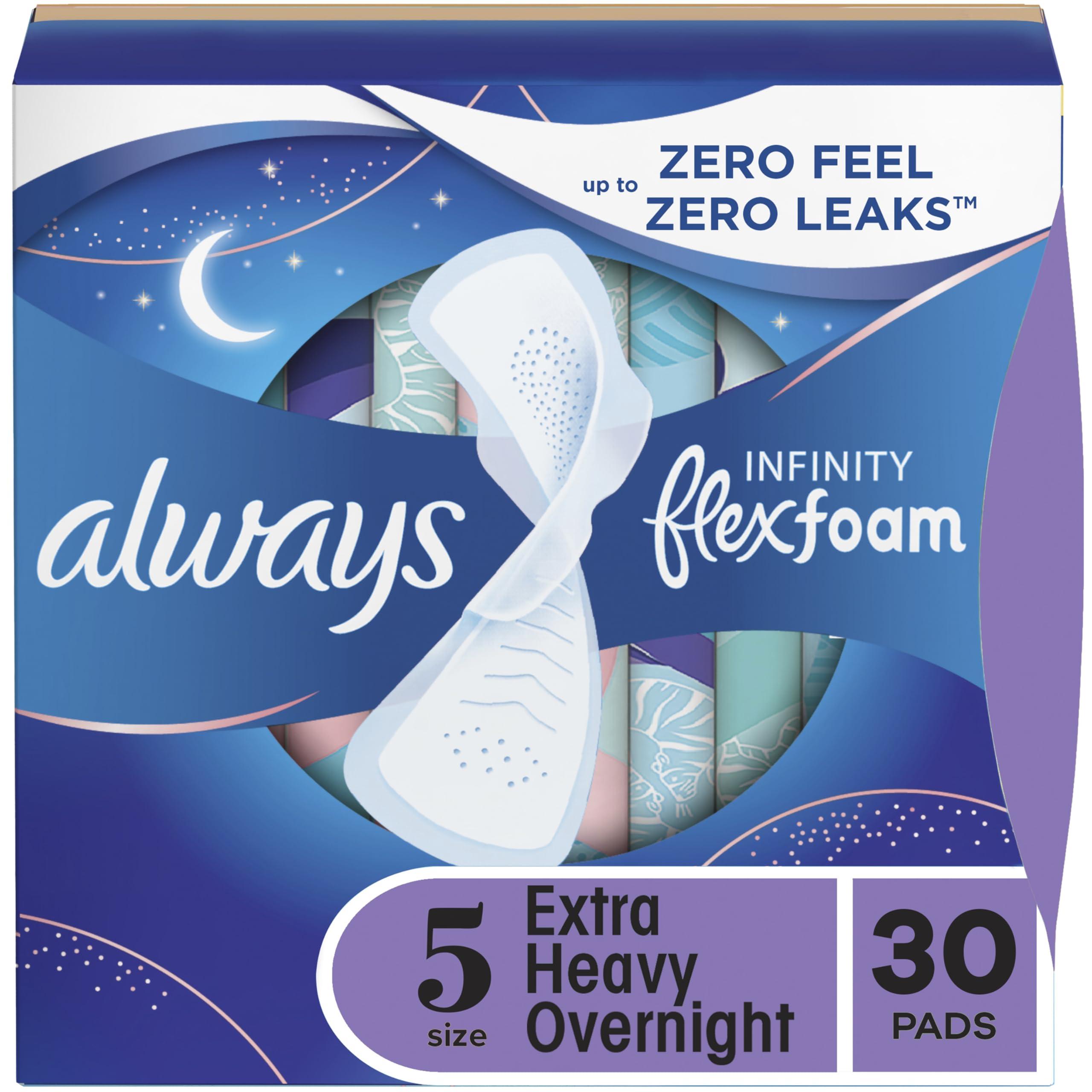 Always Always Infinity FlexFoam Pads for Women Size 5 Extra Heavy Overnight Absorbency, Up to 12 Hours Zero Leaks, Zero Feel Protection, with Wings Unscented, 30 Count