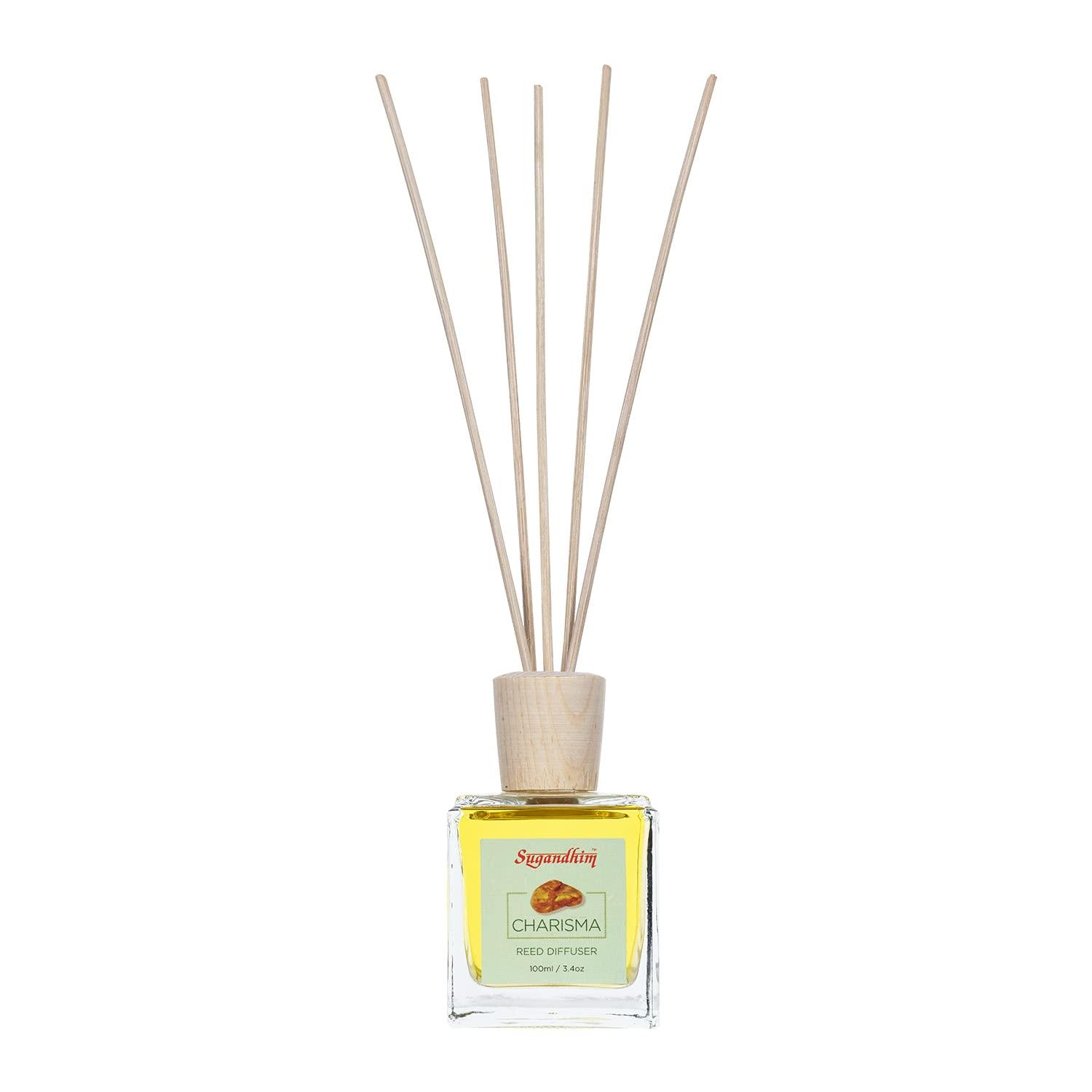 Sugandhim Sugandhim Reed Diffuser Charisma, 1 x 100ml & 5 Reed Stick, Non Alcoholic, Gifting Set, Easy to Use, Chemical Free, Woody, Musky, Wet Grass, Maintenance Free, Risk Free, Eco Friendly,