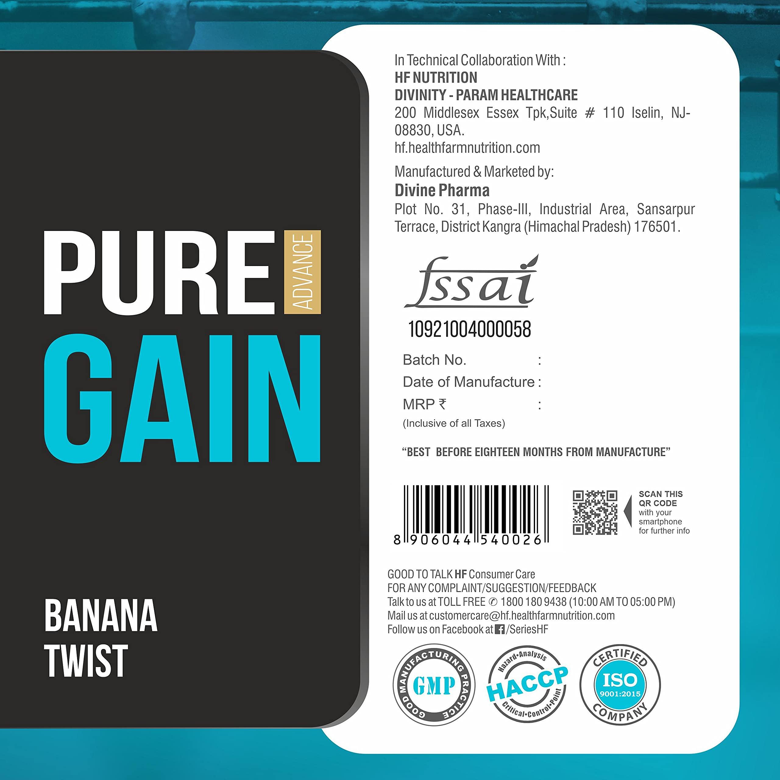 HF Series HF Series Pure Gain Mass Gainer Powder | High-Calorie | Weight Gainer Powder | 48g Protein | 11.01g BCAAs | 8.66g Glutamic Acid | Banana Twist | 3kg / 6.6lbs