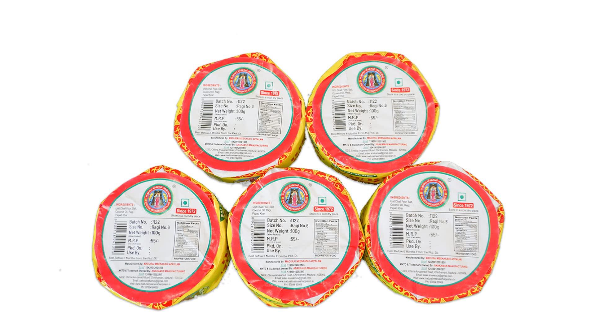 MADURAI MEENAKSHI Madurai Meenakshi Appalam Papad |Ragi Millet Appalam 100g x Pack of 5 ( No-6)-Traditional Homemade / Papad/ Appalam /Papad Plain Indian Papad /Madurai Happala South Indian Papad Papadam Snack for Meals